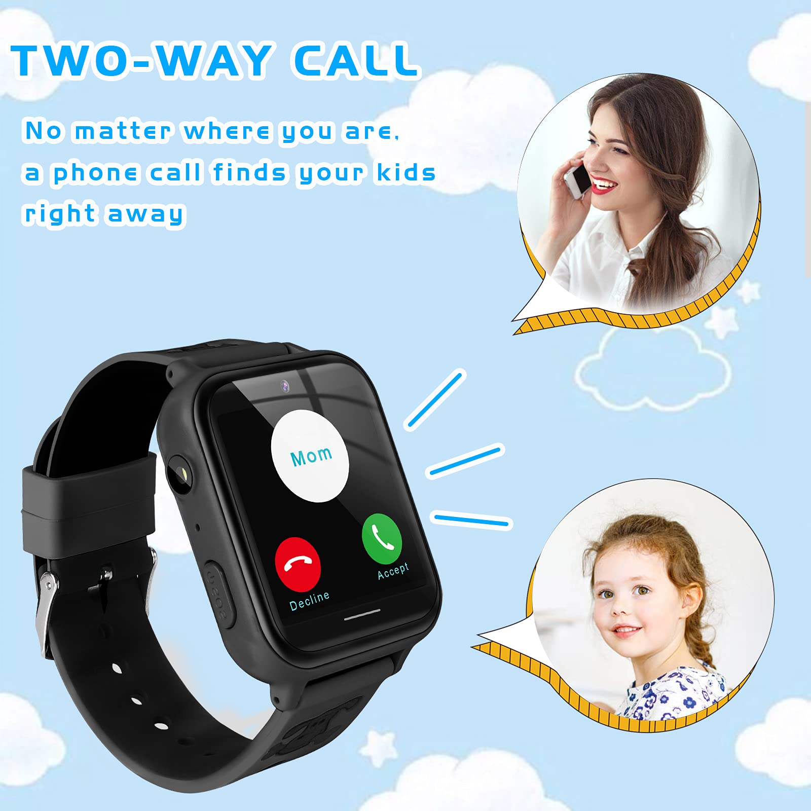 OKYUK 4G Smartwatch Kinder mit Telefon und GPS, Videoanrufe/Voice Chat/SOS/Schulmodus/SMS/Wecker, Kinder Smartwatch mit Schrittzähler Schlafen, Geschenk für Mädchen Junge (A2 Schwarz)