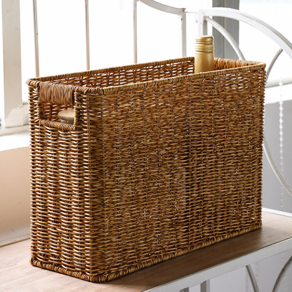 Magazine rieten mand, handgeweven tijdschriftmand, smalle geweven opbergdoos, met deksel, boeken organizer case, voor thuiskantoor (L Magazine rieten mand, handgeweven tijdschriftmand, smalle geweven opbergdoos, met deksel, boeken organizer case, voor thuiskantoor (L