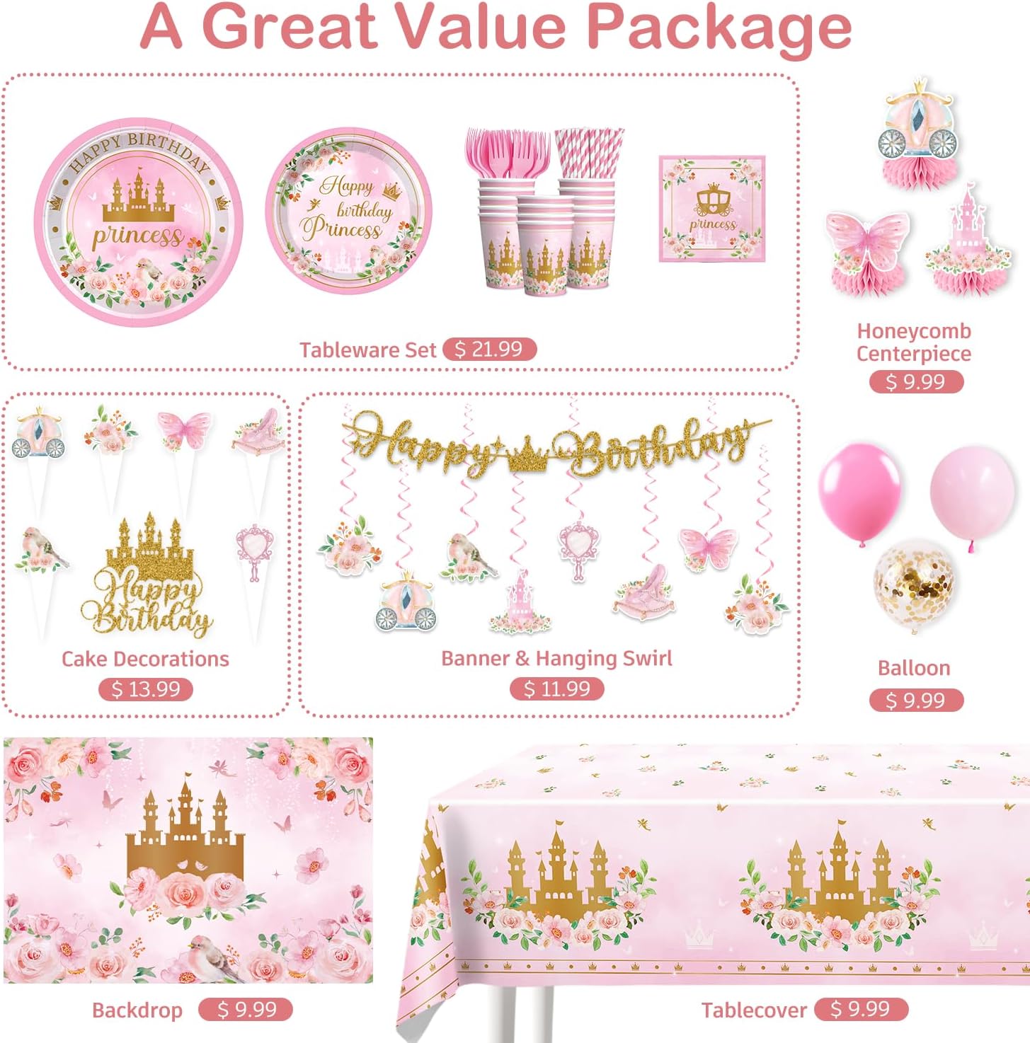 221Pcs Princess Birthday Party Decorations Serves 25 Guests, Princess Party Decorations Includes Backdrop, Banner, Plates, Tablecloth, Cake Topper, Cupcake Toppers, Honeycomb Centerpieces