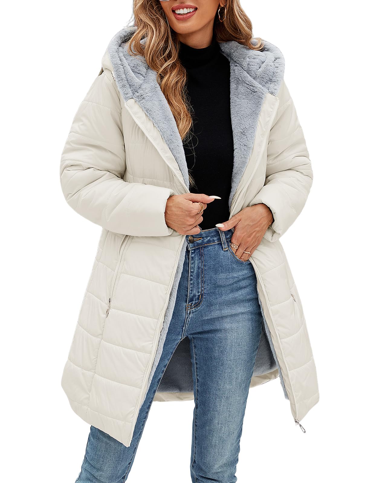 CMTOP Chaqueta Mujer Invierno Cálido Abrigo Acolchado Mujer Forro Polar Chaqueta Cremallera Largo con Capucha Termico Abrigo Casual Elegante Cazadora Hoodie Parka con Bolsillos
