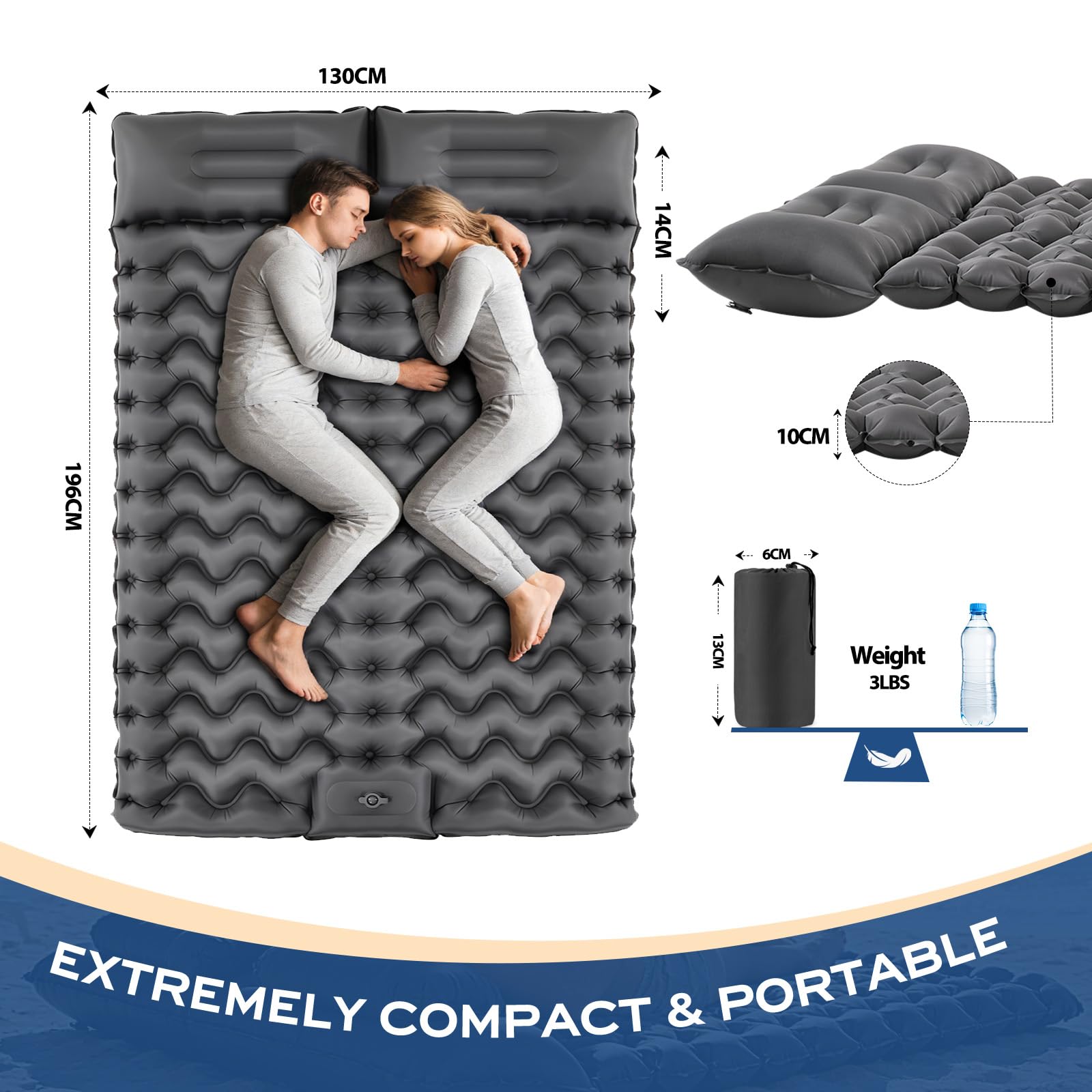 PHYSEN Colchón Hinchable para Acampada 2 Personas 196 x 130 cm Impermeable Bomba de Pie
