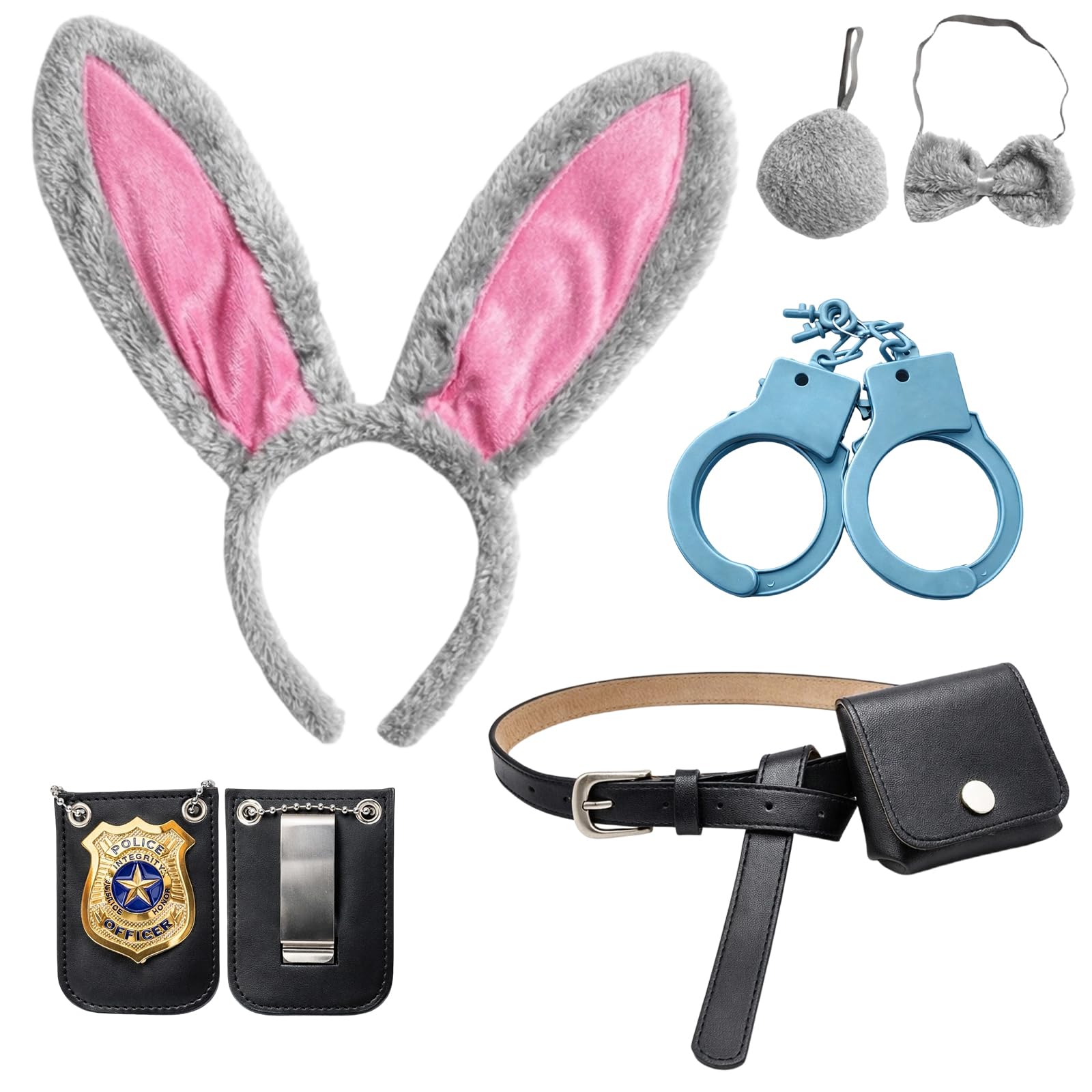 KxrTpx 6Pcs Bunny Costume, Zoo City Rabbit Costume Accessories with Bunny Ears and Tail Toy Handcuffs, Police Badge, Belt with Leather Pouch, Role Play Costume for Halloween Parties and Themed Events