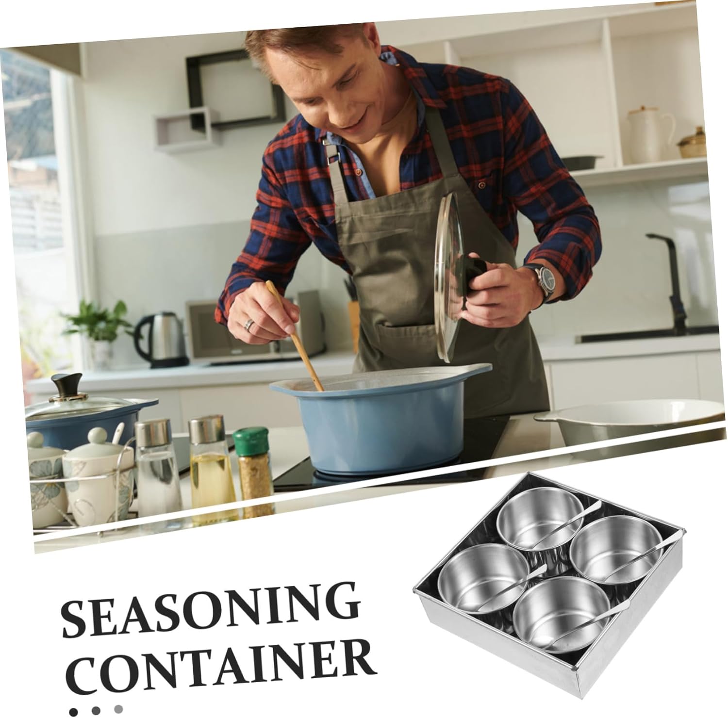 1set Stainless Steel Spice Container Set Compartment Spice Jars Lids Kitchen Condiment Organizer