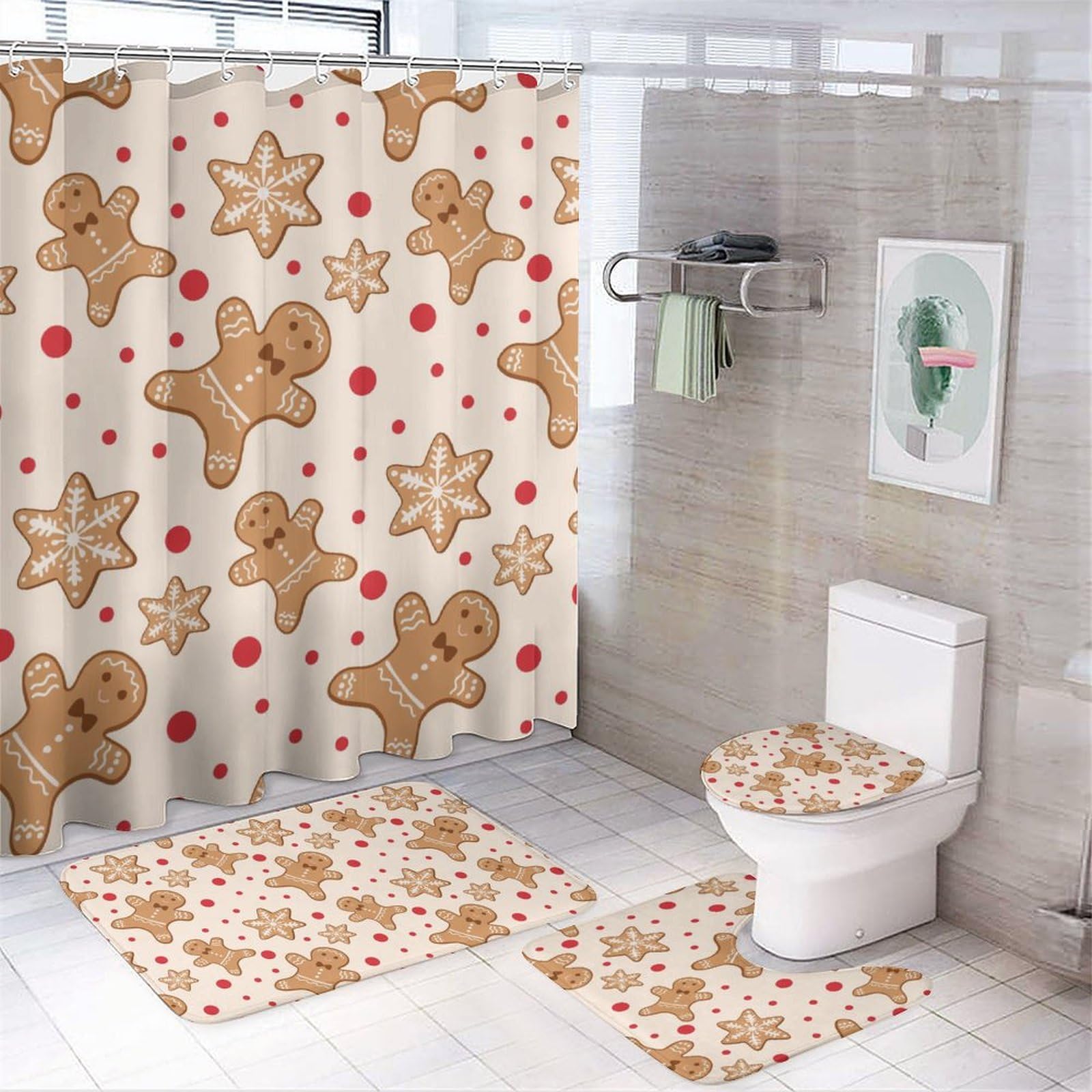 MEIKKO Gingerbread Men Candies 4Pcs Shower Curtain Sets with Non-Slip Rugs,Toilet Lid Cover and Bath Mat,Waterproof Shower Curtains Bathroom Decor