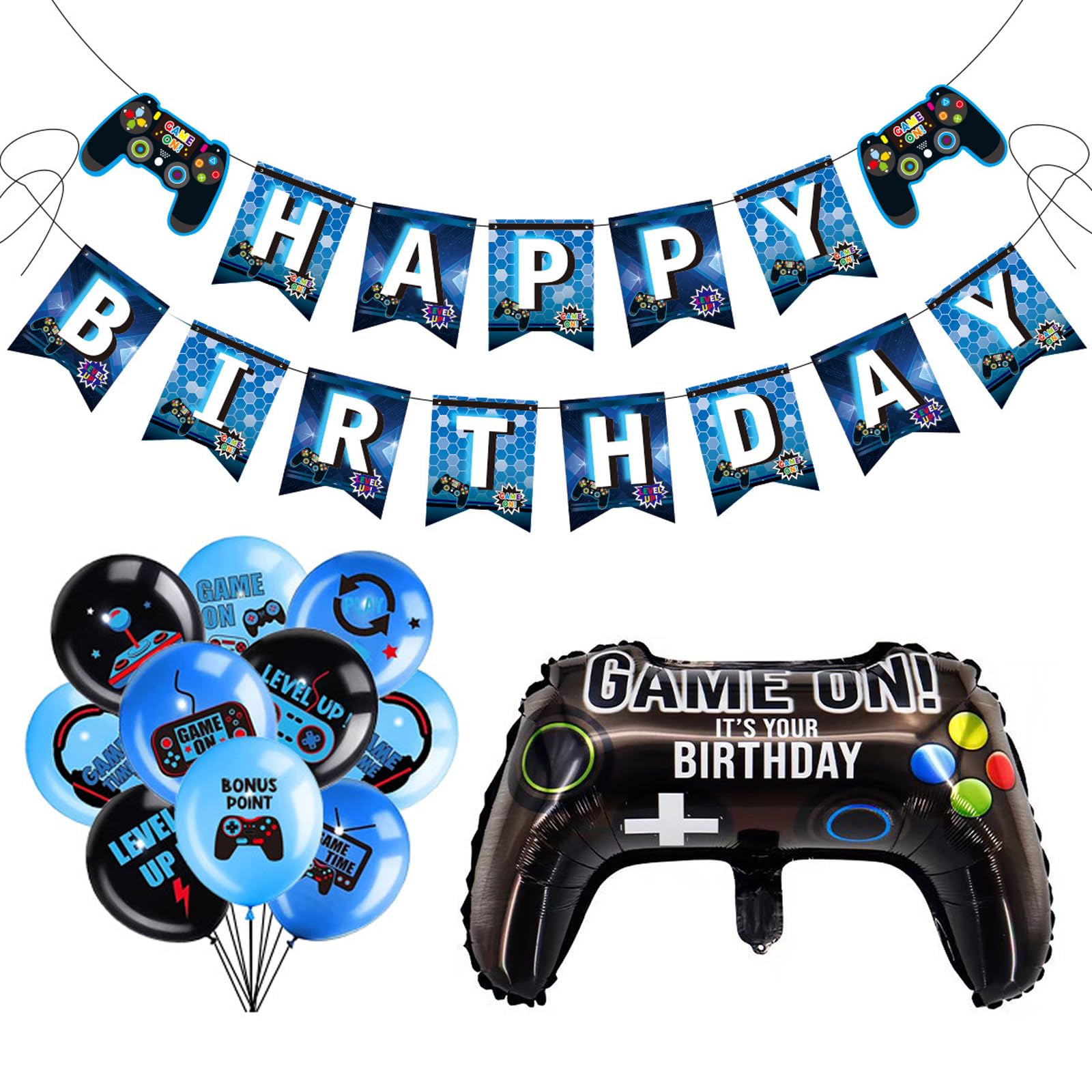 20Pcs Gamer Party Decorations Set Video Game Birthday Banner, Blue Foil Balloons, Gaming Decor for Boys Birthday Party Supplies