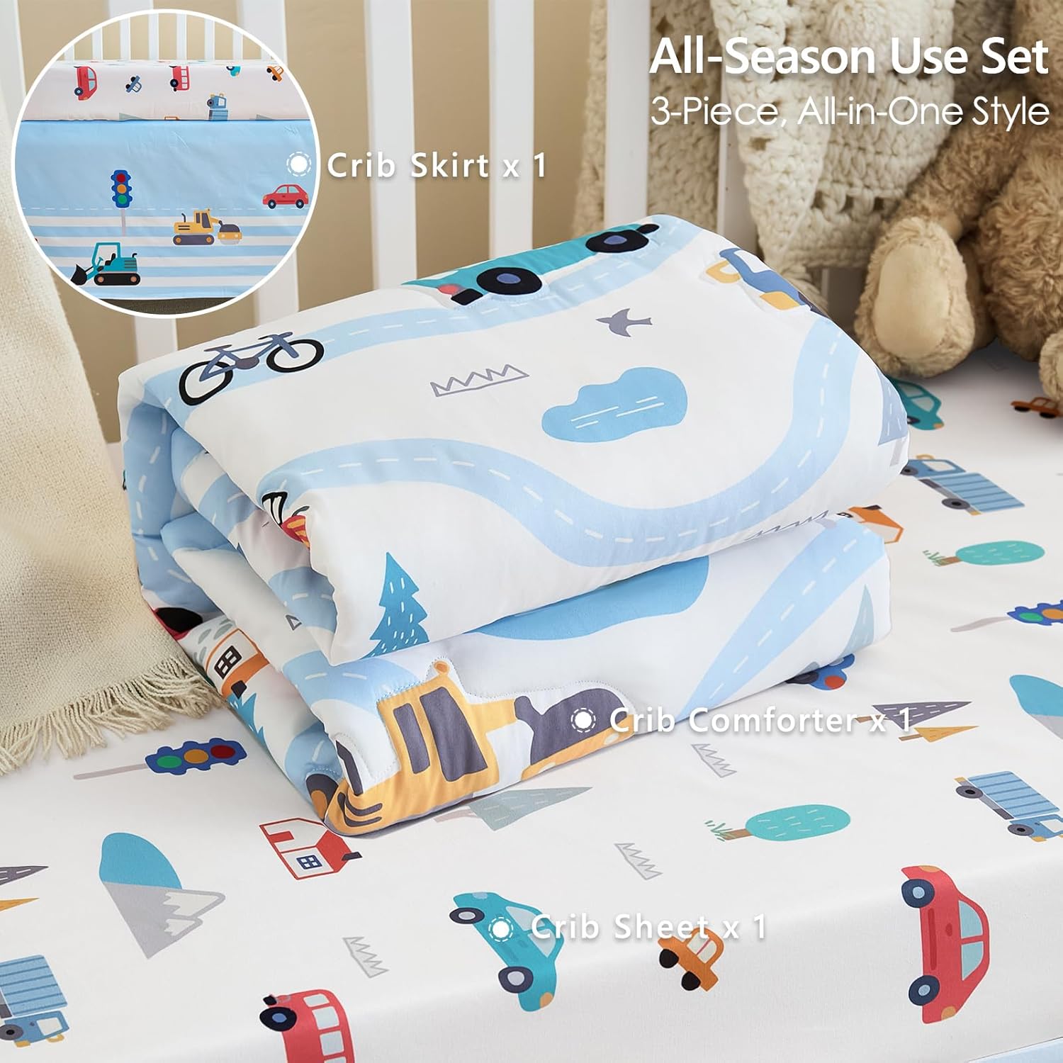 3-Piece Crib Bedding Set for Boys Girls - Soft & Skin Friendly Baby Bedding Set Includes Crib Comforter, Sheet & Crib Skirt (Light Blue)