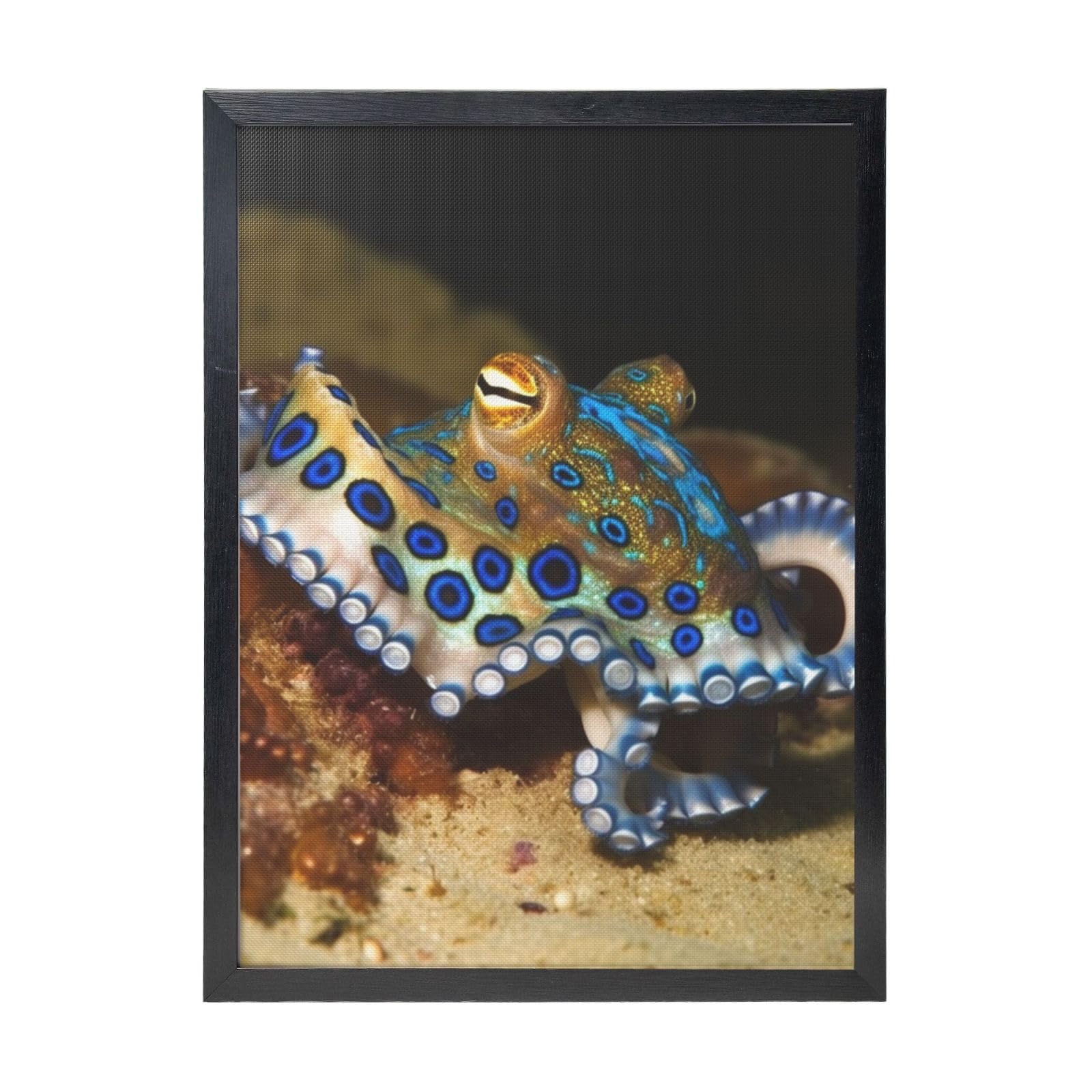 Framed Wall Art - Decorative Canvas Painting Blue Ring Octopus Pictures Poster Aesthetic Modern Prints Artwork for Bedroom Office Wall Decor Ready To Hang 12x16 in