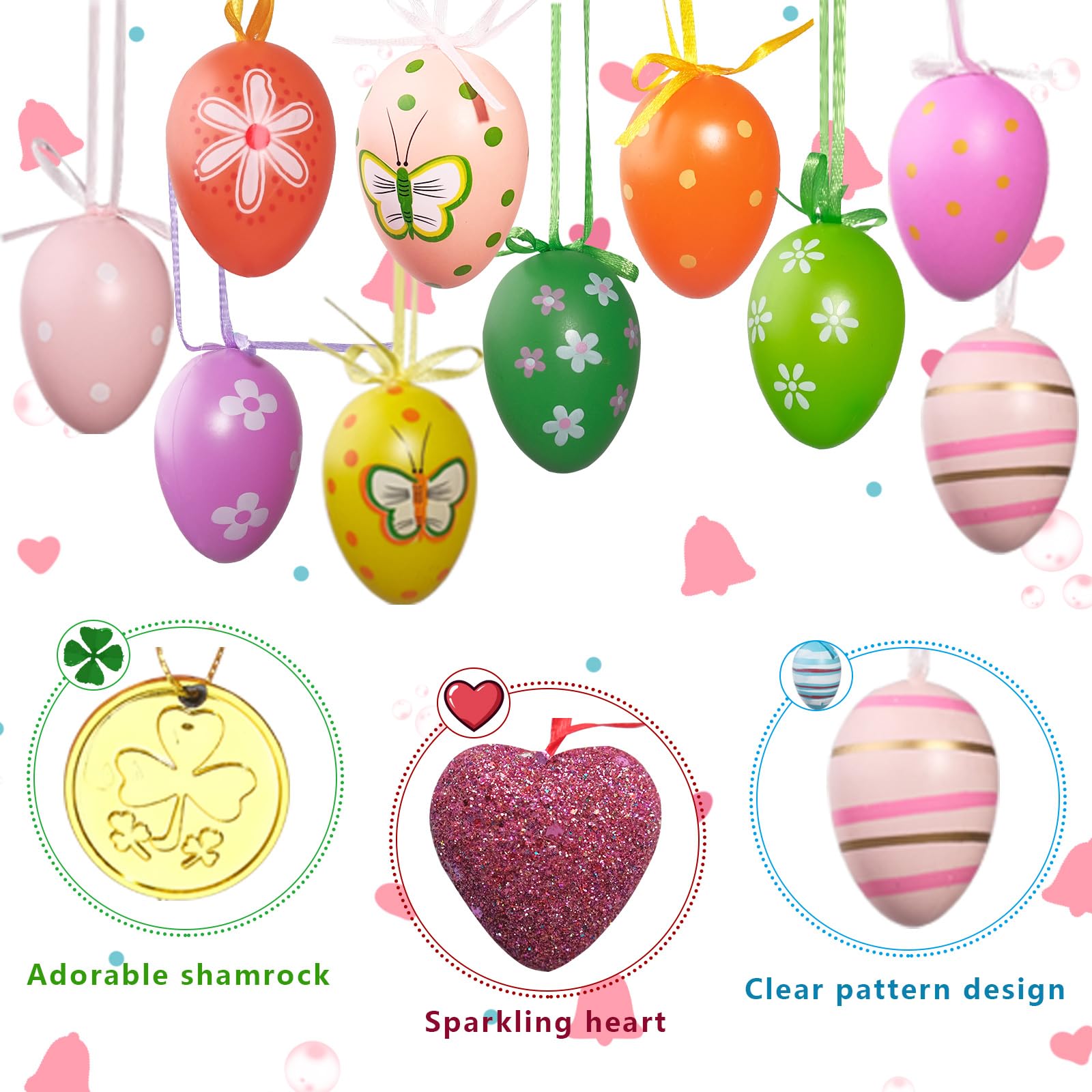 Ostereier zum Aufhängen, Kunststoff, handbemalte Eier, St. Patrick's Day, Kleeblatt, Valentinstag, Herzdekoration für kleine Bäume, Party-Dekoration, Gastgeschenk, 120 Stück