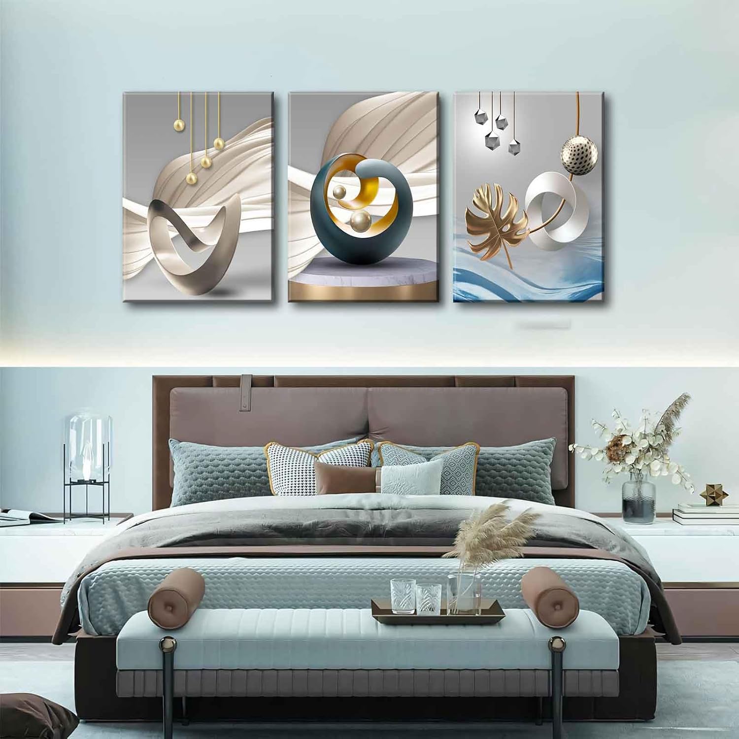 3Pcs Abstract Geometric Canvas Wall Art Modern Art Pattern Decor painting Pictures White Blue Yellow Grey Nordic Posters Print for Living Room Bedroom Office Hallway Home Decoration