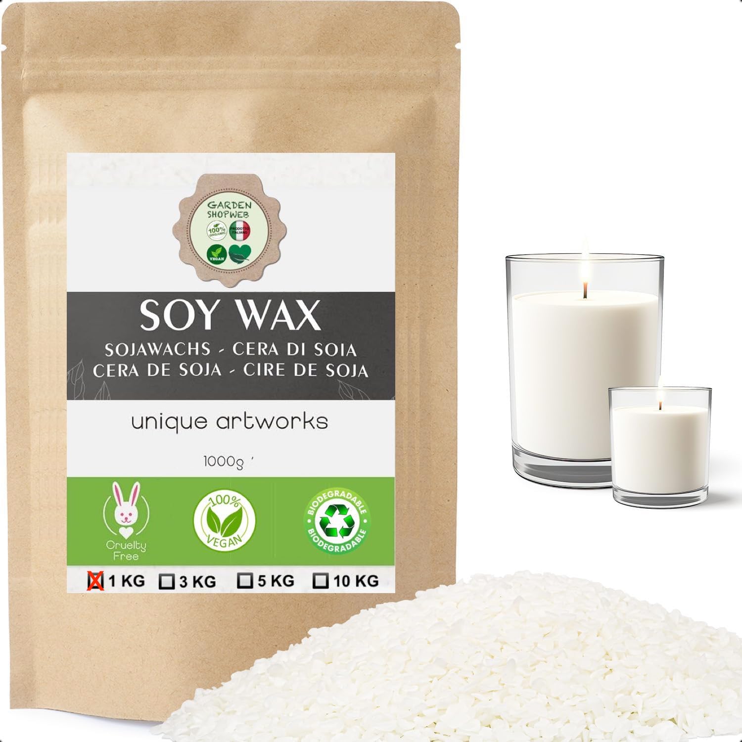 Cera di soia Premium - Varie Dimensioni - Cera di soia Ecologica 100% Naturale per Produzione di Candele Basso Punto di Fusione 45° (SACCHETTO KG 2)