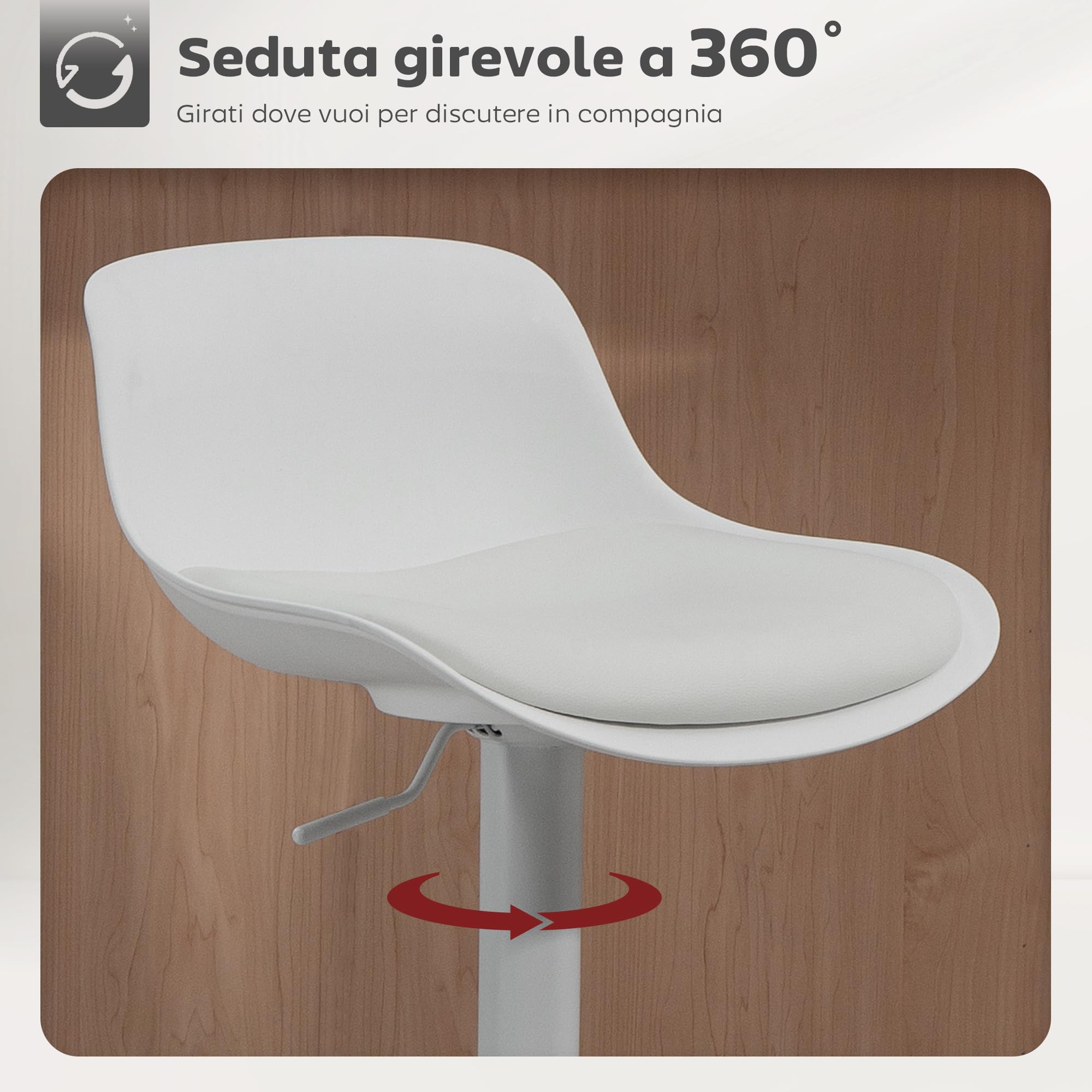 HOMCOM Set 2 Sgabelli Bar con Altezza Regolabile, Sgabelli Alti Cucina in Finta Pelle con Schienale e Poggiapiedi e Ampia Base in Acciaio, Sedie Bar Alte Girevoli a 360°, Bianco