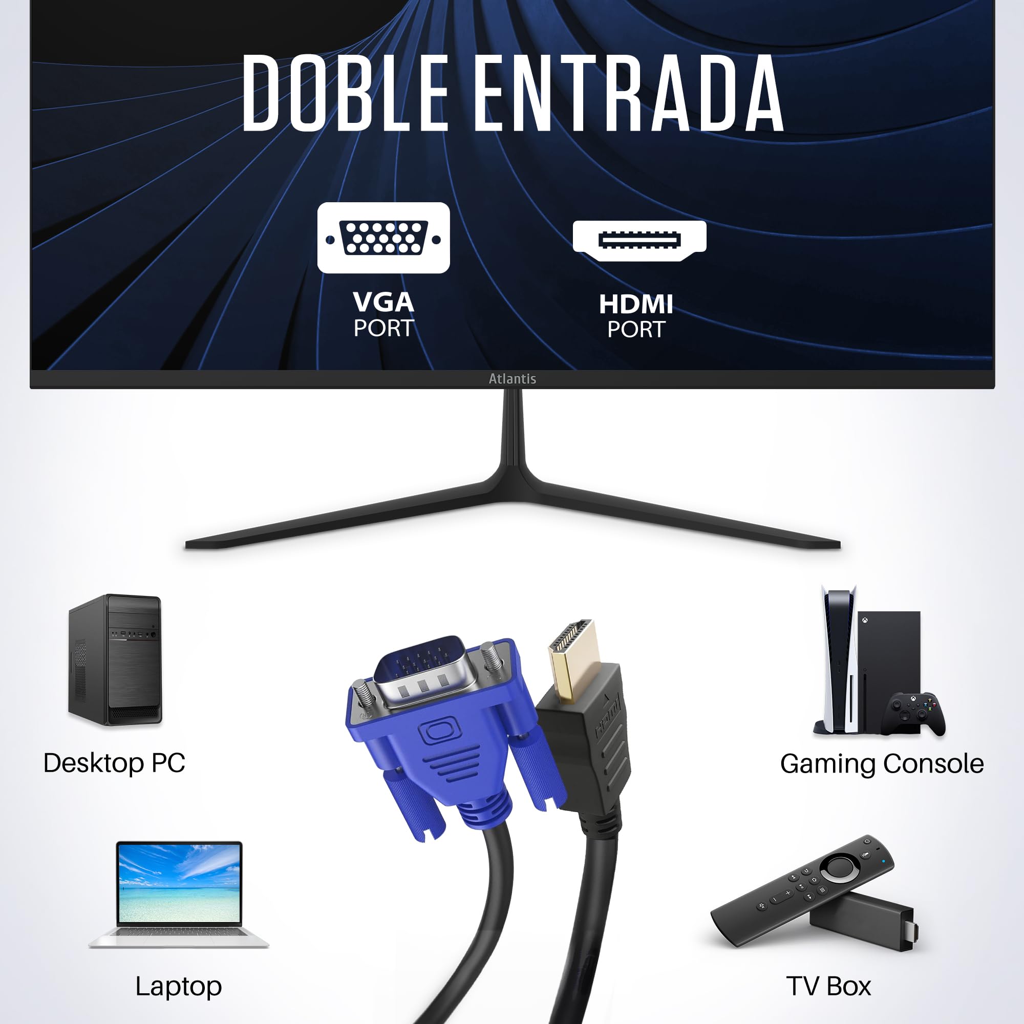 Atlantis Monitor de 22 pulgadas, pantalla LED 22" 100 Hz, Full HD 1920x1080, VGA, HDMI, MULTIMEDIA, FreeSync, salida de audio/auriculares, inclinación, 5 ms, 3000:1, ángulo 178°/178°, cable HDMI 1,5 m
