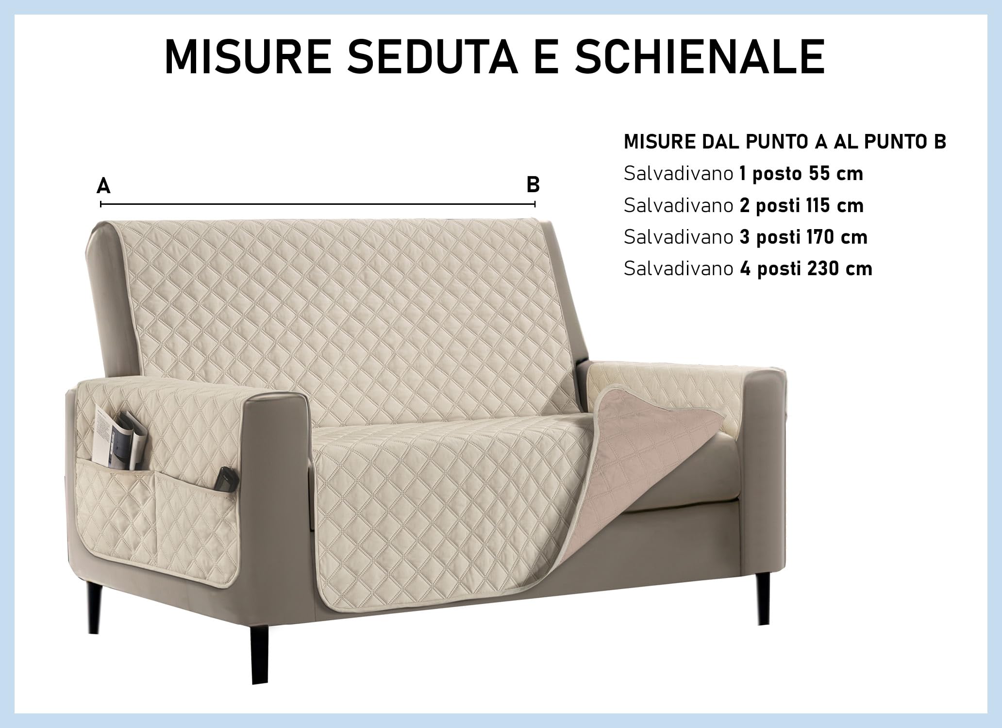 Banzaii Copridivano Impermeabile 3 Posti, Salvadivano Antimacchia Trapuntato Bicolor Universale con Tasche Portaoggetti Panna/Sabbia – Seduta 170 cm