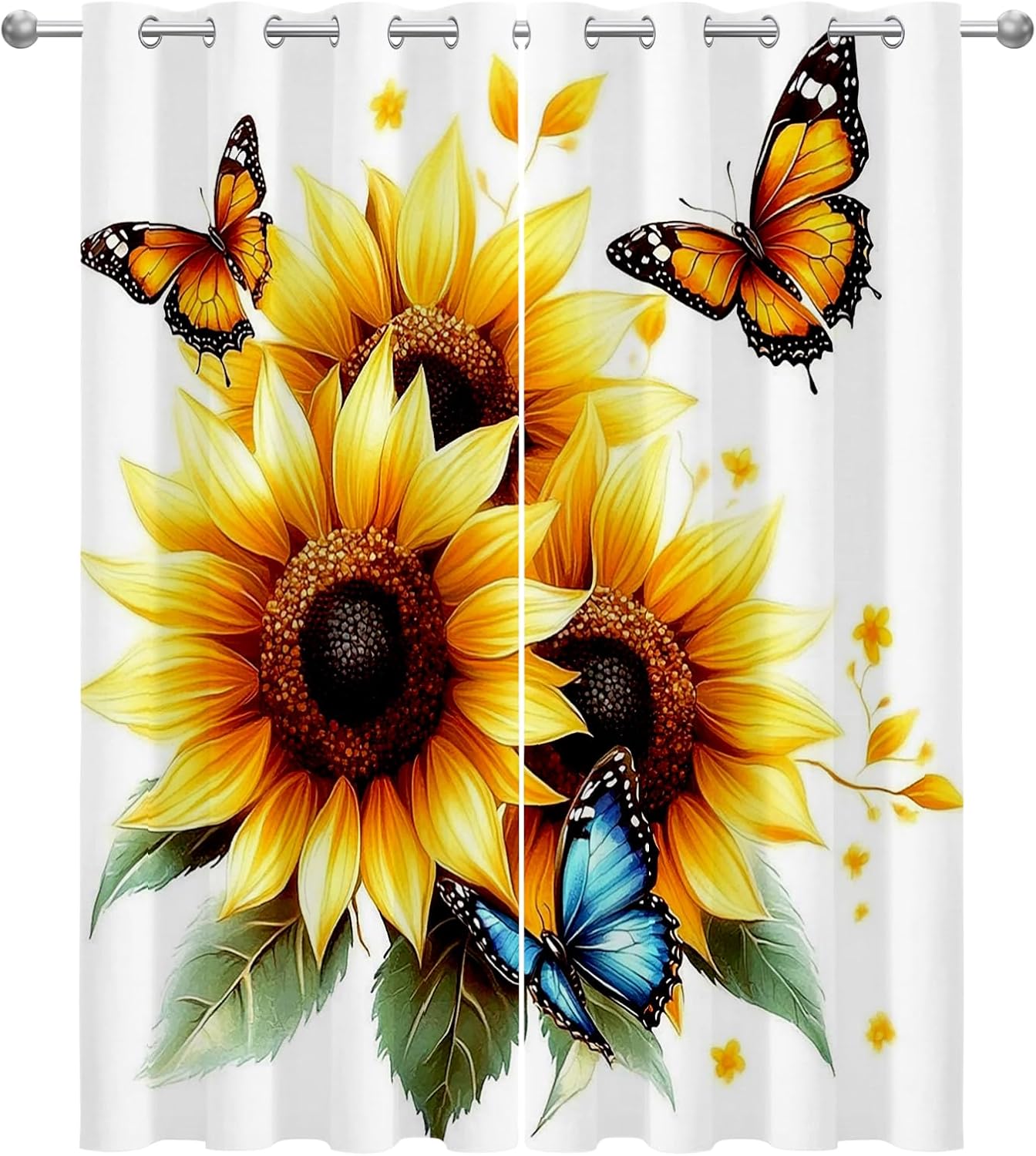 Sunflower Curtains Blackout, Room Darkening Thermal Insulated Grommet Drapes for Bedroom Living Room, Butterfly Yellow Flower Patterned Window Treatments, 45 Inch Curtains 2 Panel Set