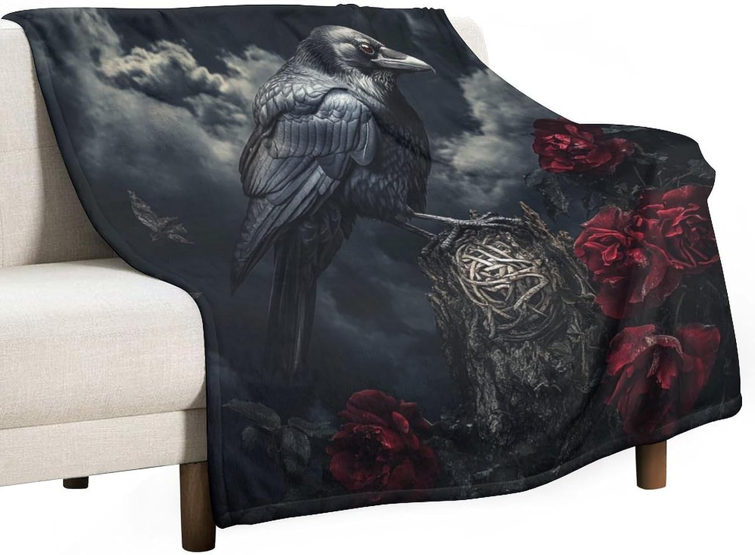 Vintage Rose Floral Throw Blanket, Soft Cozy Mystical Moon Crow Bird Blanket for Couch, Sofa, Bed, Warm Decorative Blanket for Women and Men, 50"x60"