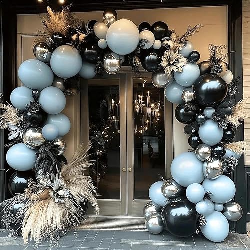 Guirnalda de globos azules y negros de doble relleno, globos azules polvorientos y blancos, arco de globos negros y plateados para cumpleaños, boda,