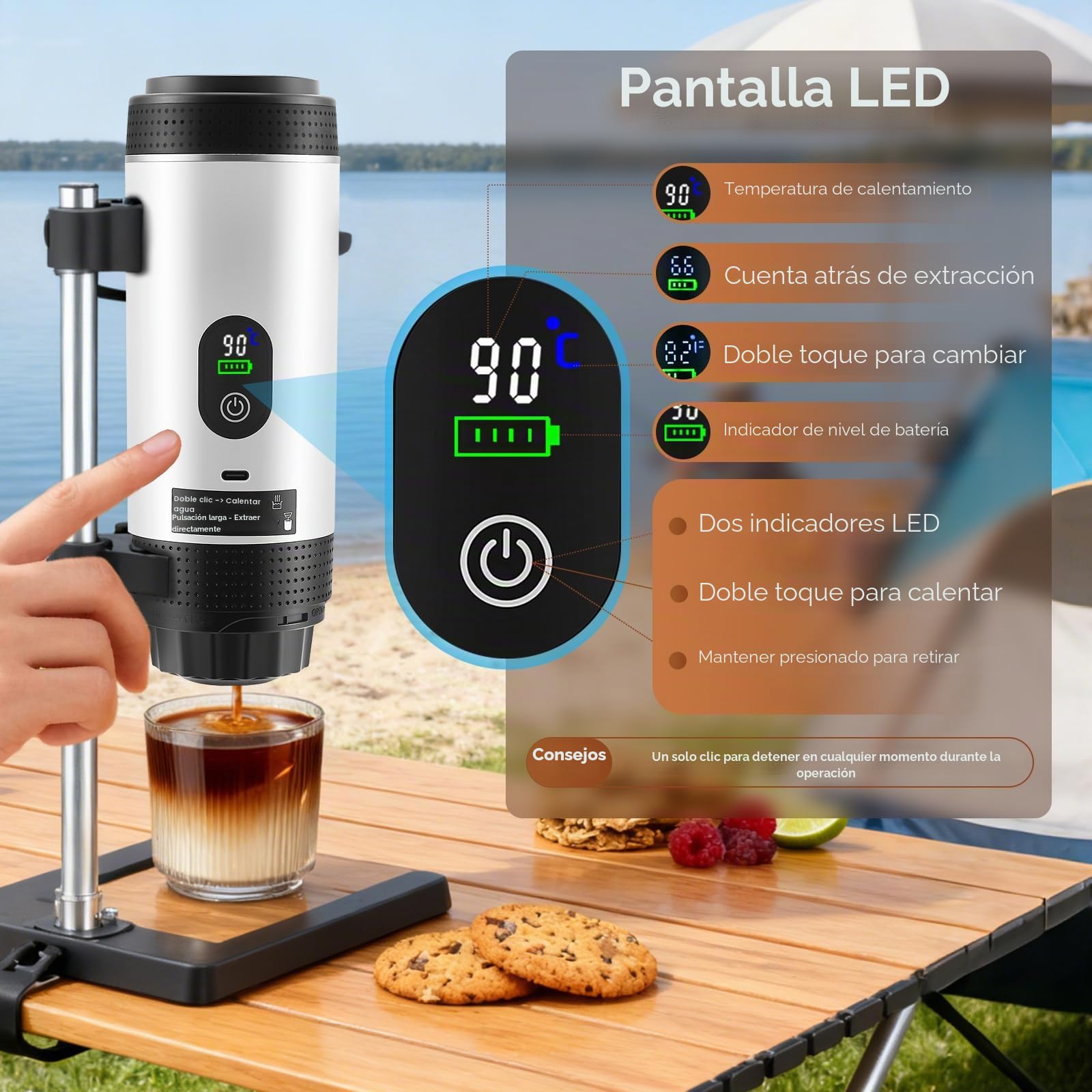 Minicafetera portátil 3 en 1 con batería - Cafetera espresso para coche USB-C - Compatible con cápsulas y café molido - Ideal para camping, autocaravanas y regalos de viaje, color blanco