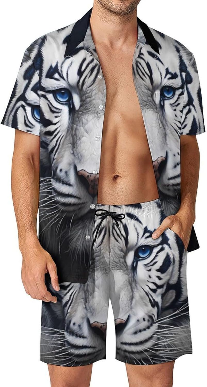 White Tiger Face Mens Hawaiian Shirts Casual Shorts Set Beach Tops Summer Tropical Suit