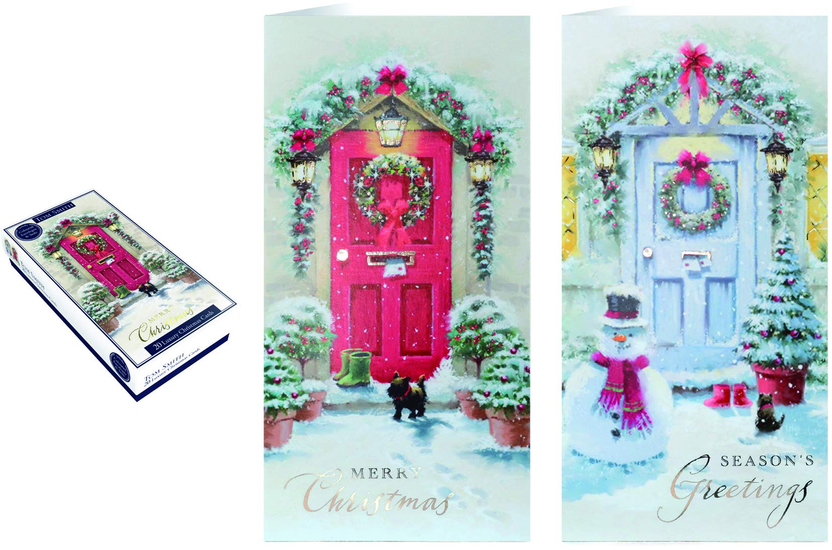Tom SmithWinter Home Scene Design Cards - Christmas Cards Multipack, White Card & Red Envelope - Luxury Christmas Card, Envelopes & Seal Sticker Set - Seasons Greetings & Merry Christmas - 20 Cards