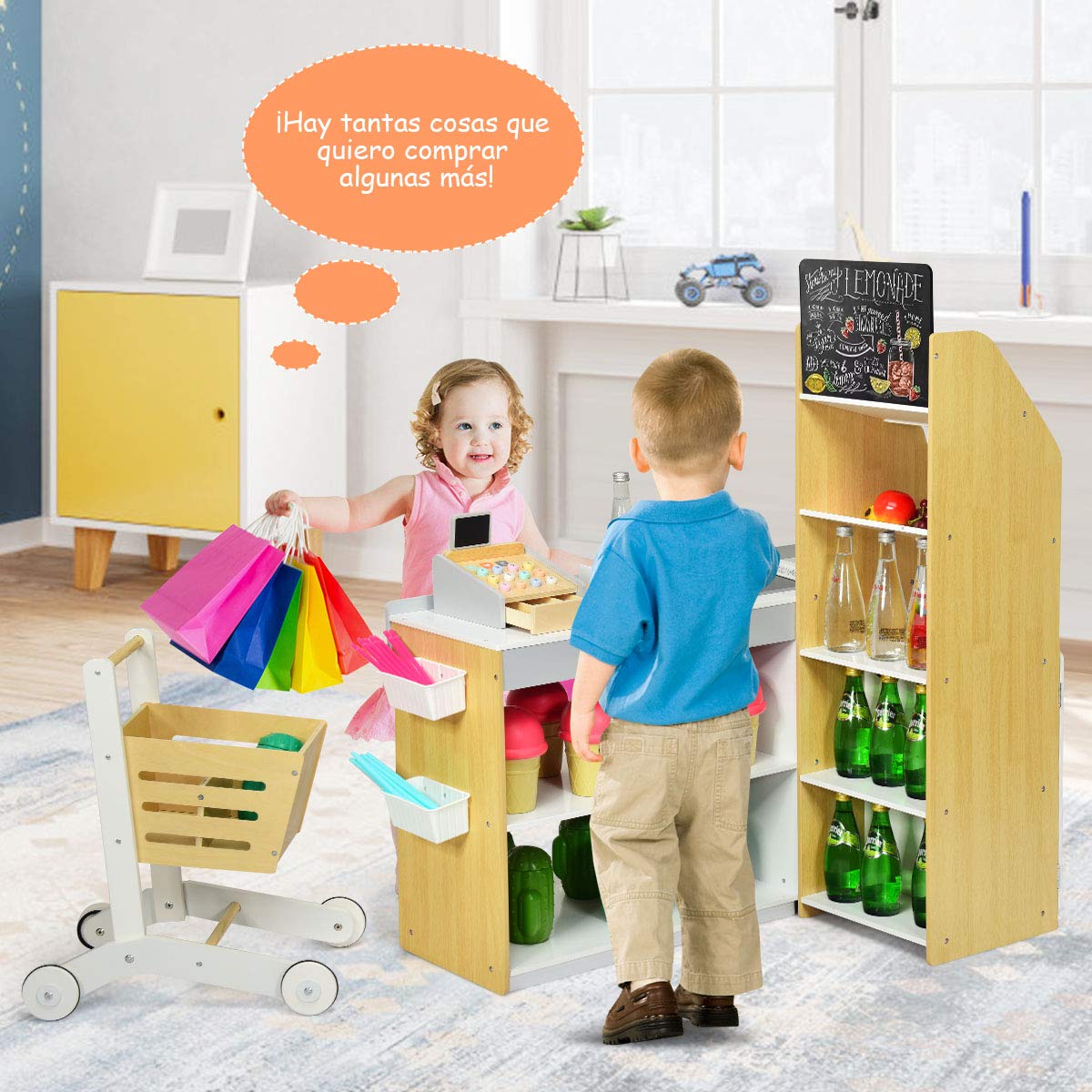 COSTWAY Juguete de Supermercado con Carrito de Compra Incluye Pizarra,Caja Registradora,Escáner,Lector de Tarjetas,Tarjeta de Crédito y Monedas Juguetes de rol para Niños