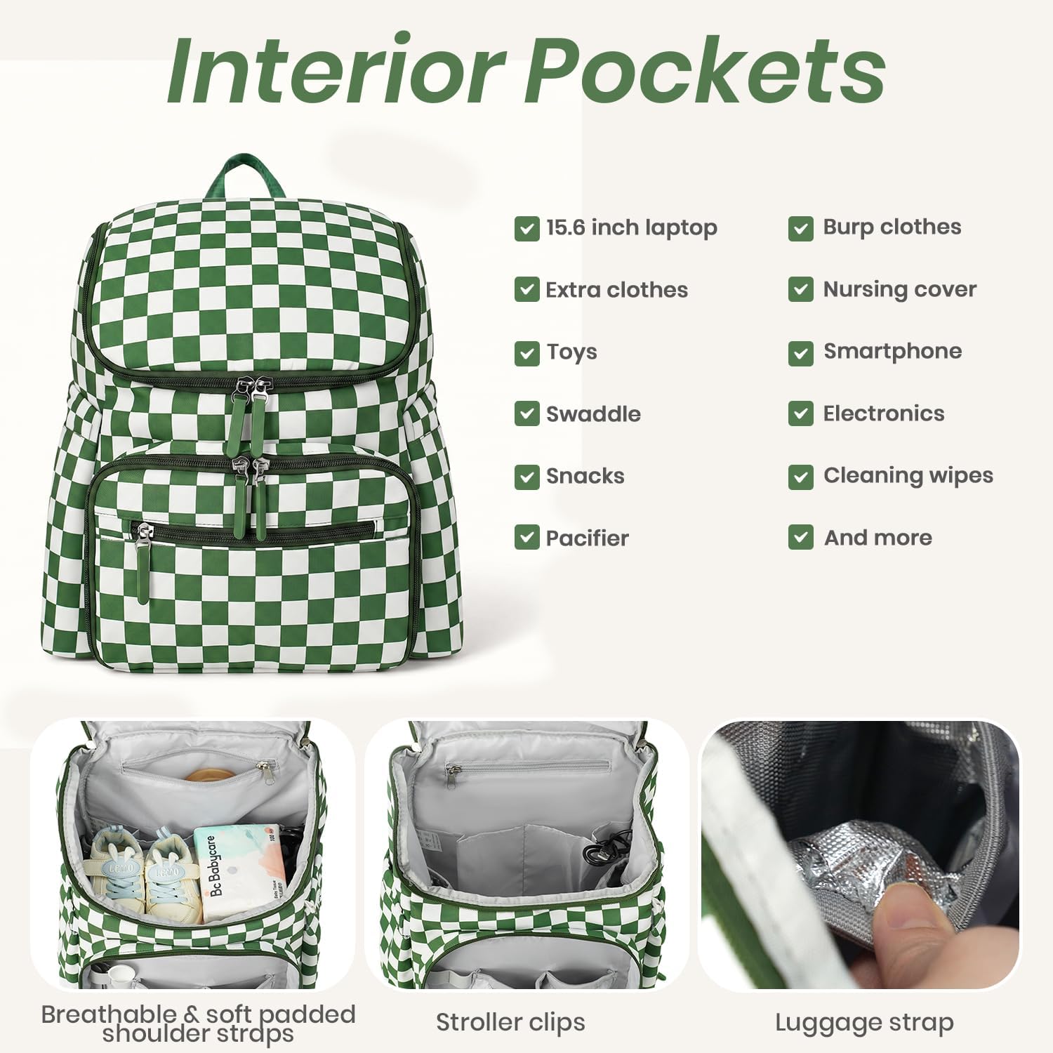 FHELAD Checkered Diaper Bag Backpack with Changing Pad & Stroller Clips, Large Travel Baby Diaper Bag for Newborn Moms, Baby Shower Gifts (Dark Green)