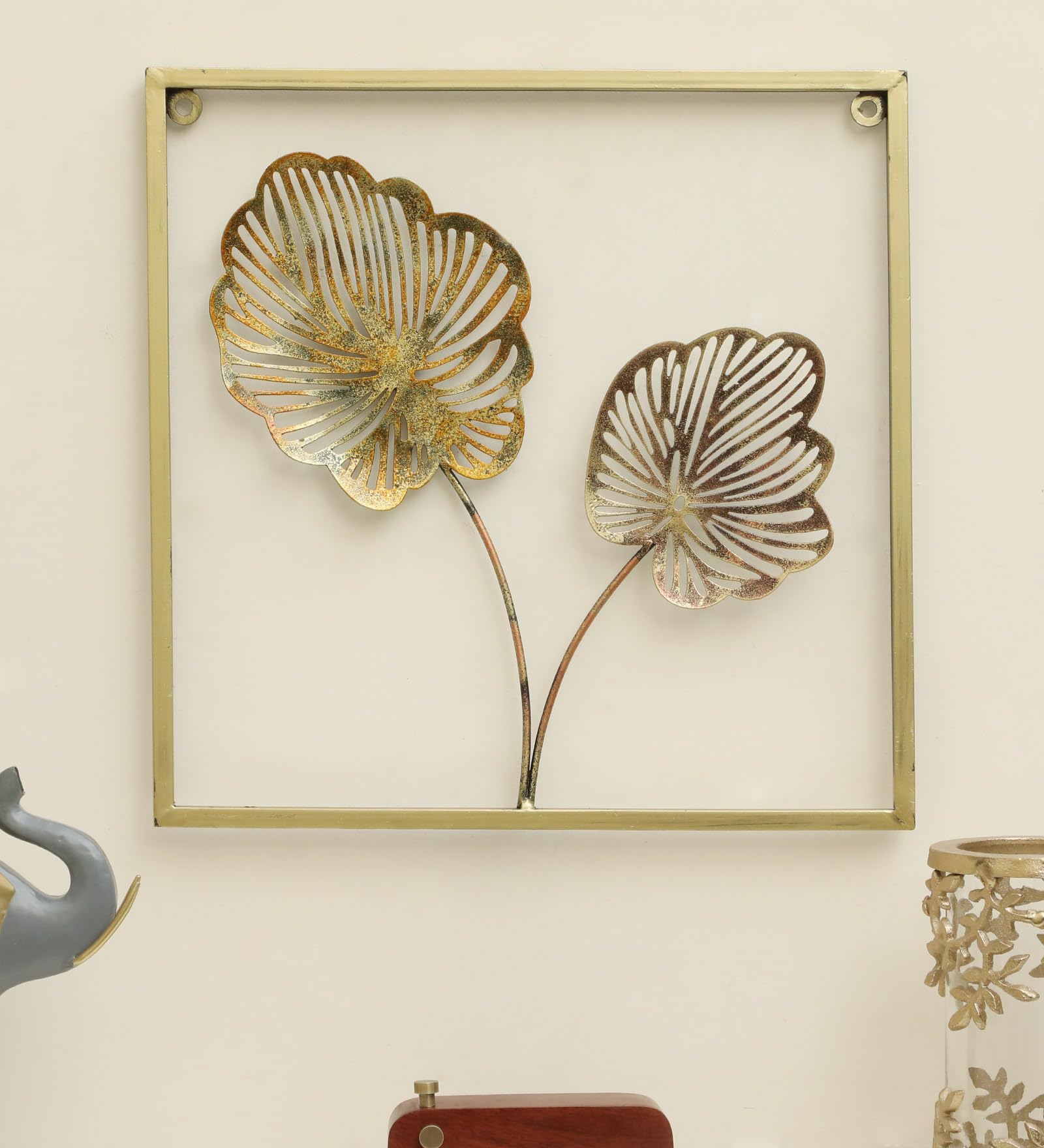 vedas Multicolour Metal Square Wall Frame Wall Haning Mounted Sculpture Home Decor (Size 18 x 18 inches) (Two Leaf) (B0CST47M7W) Amazon Price History, Amazon Price Tracker