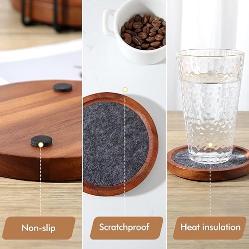 Miniatura 2 de Posavasos de madera de acacia para bebidas, 4.13 pulgadas, de fieltro de madera para mesa auxiliar, juego de 6 con soporte, posavasos apilables