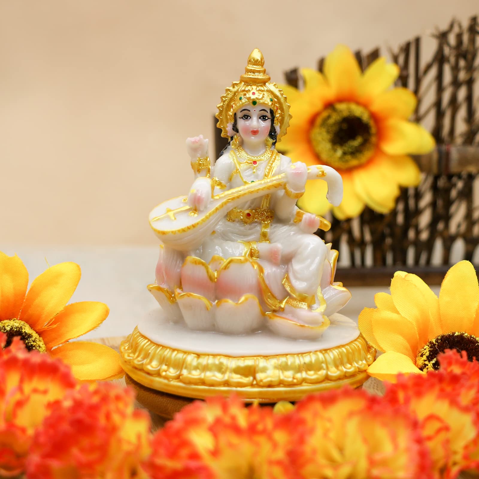 alikiki Small Hindu Goddess Saraswati Statue - 3.9”H Marble Look Saraswati Figurine for Car Dashboard India Idol Statue Home Office Mandir Temple Pooja Item Diwali Puja Gifts
