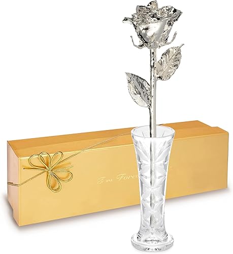Forever Rose Rosa real sumergida en plata, rosa preservada hecha a mano en jarrón de cristal transparente y caja de regalo dorada de lujo, regalo
