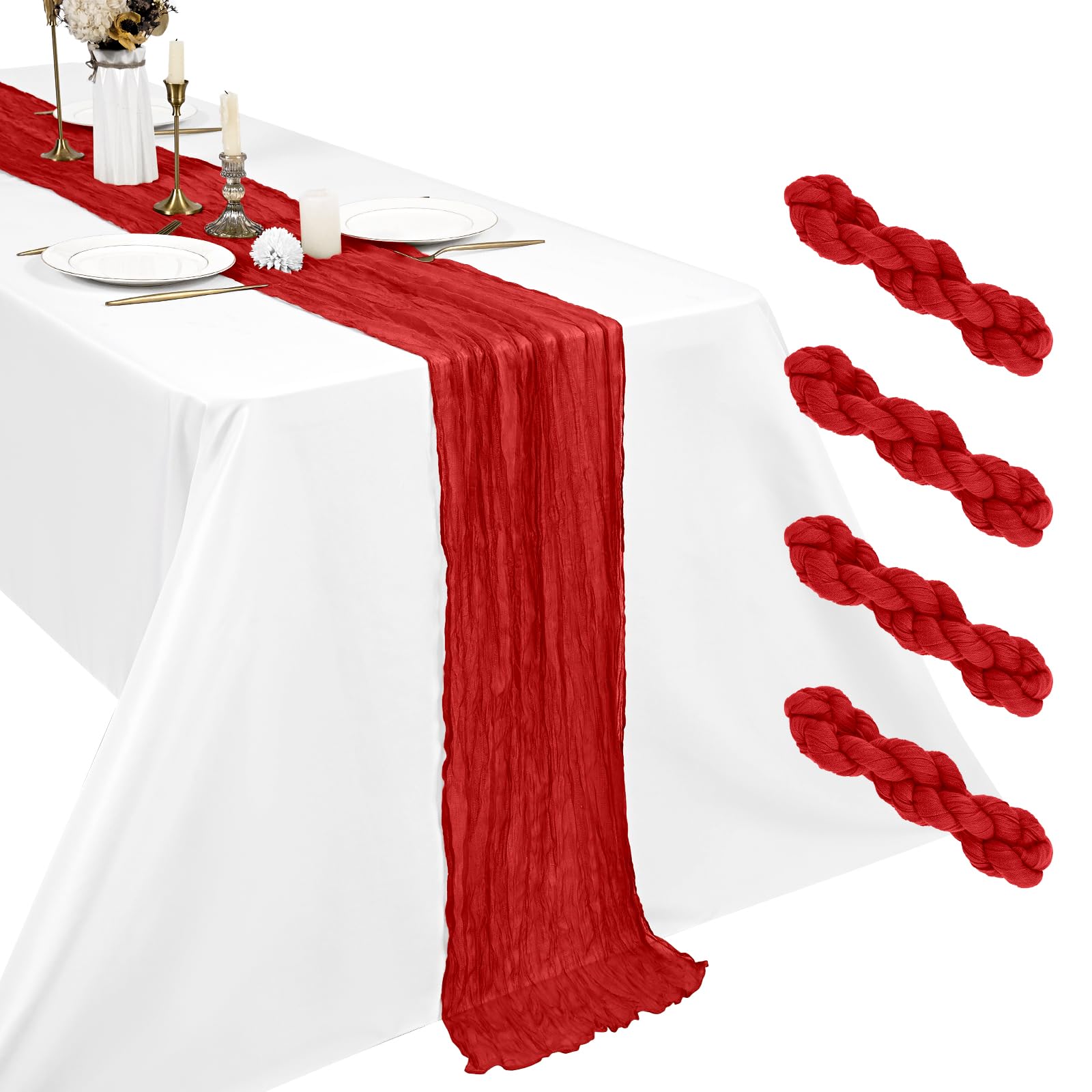 4 Pack Red Cheesecloth Table Runner, 17.7 x 108 inch Boho Gauze Table Runner 45x275 cm Rustic Romantic Long Table Runner for Wedding Party Bridal Shower Christmas Decoration