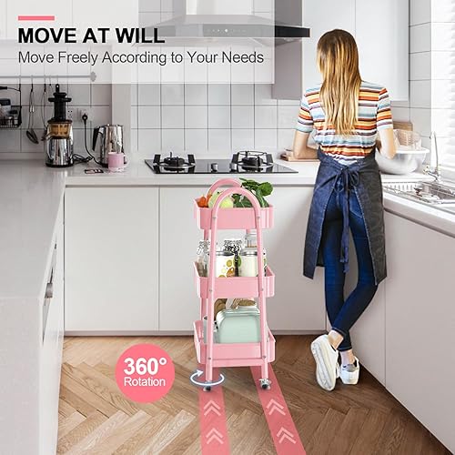 Miniatura 10 de EAGMAK Carrito con ruedas de 3 niveles, carrito de almacenamiento de metal con asa y ruedas con cerradura, organizador de almacenamiento