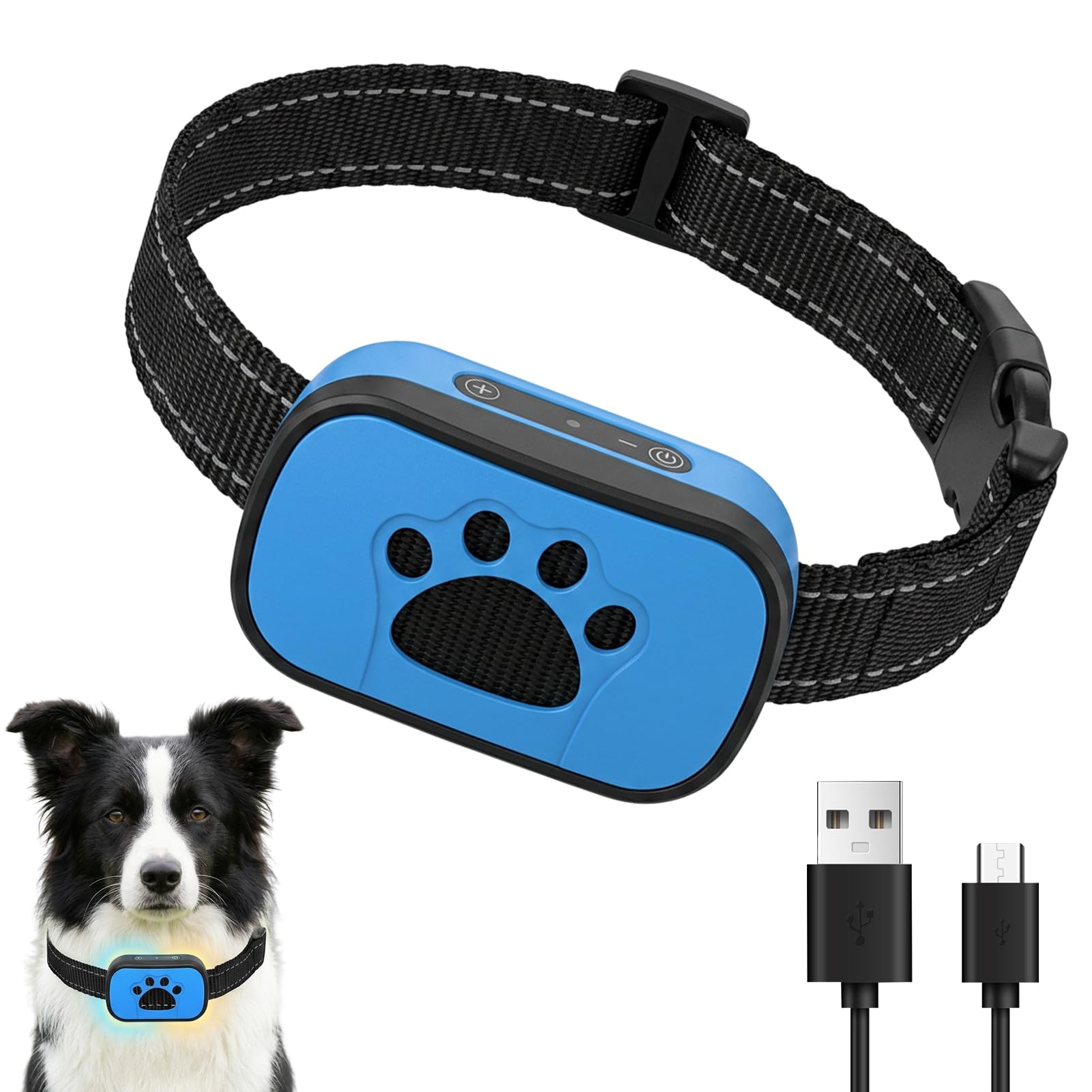 Rechargeable Bark Collar with Beep & Vibration Modes, No Shock, Blue