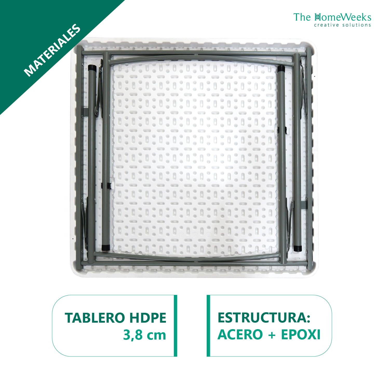 Mesa plegable SOLID Cuadrada 86*86*74cm | Portátil | Multifuncional | Normativa Uso Público Interior/Exterior (EN 581-1/3) | Tablero Resina HDPE 3,8cm. | Capacidad 4 Personas | Carga 120 kg.