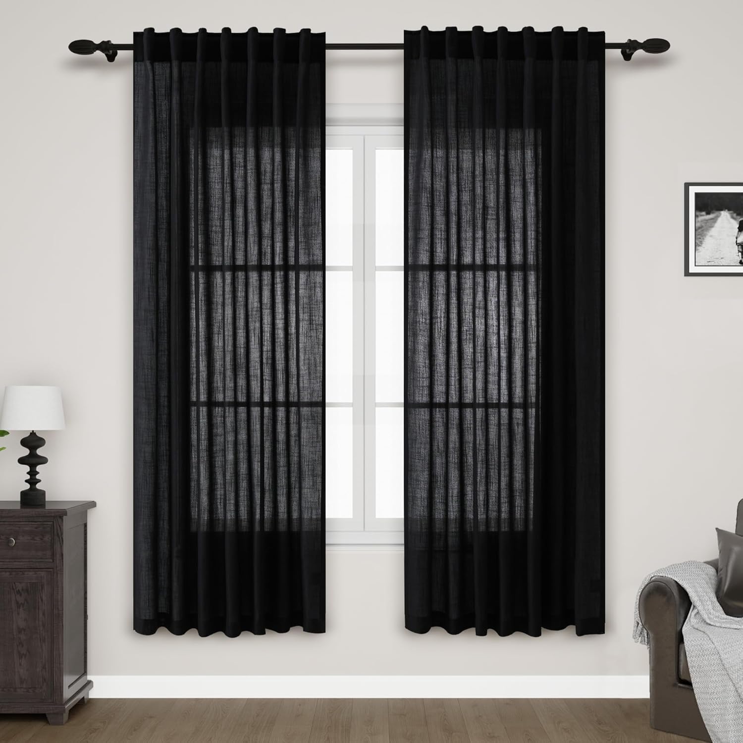 Nanspring Black Semi Sheer Linen Curtains 72 inch Length for Living Room Back Tab Rod Pocket Modern Farmhouse Coastal Decor Cotton Textured Gauze