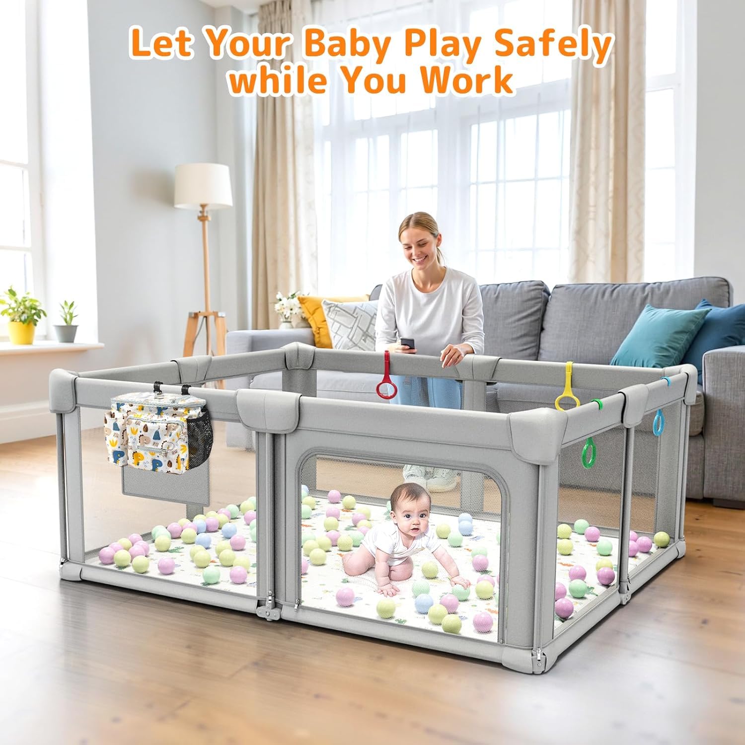 Laufstall Baby Faltbar mit Matratze 130x130x70cm | Klappbar&Tragbar Laufgitter mit Atmungsaktivem Netz, 300D Oxford Stoff, Rutschfester Basis, Ozeanbällen, Innen&Außen
