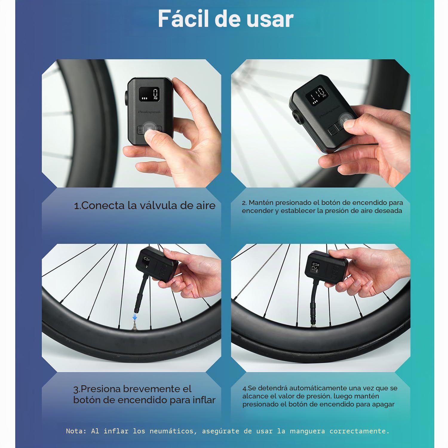 Peakspeak Mini bomba eléctrica para bicicleta AS260PRO, 120PSI bomba de bicicleta portátil con manómetro y parada automática, recargable por USB-C, inflado de precisión para válvulas Presta/Schrader