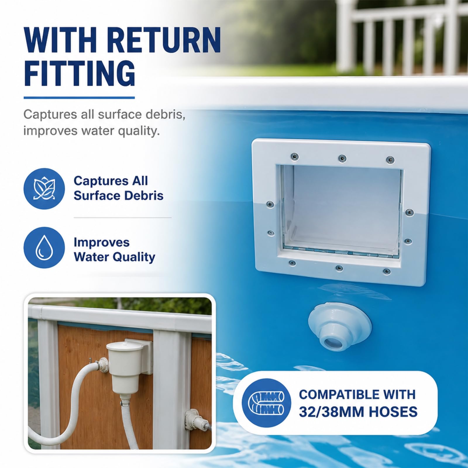 Set di skimmer per piscina, skimmer da incasso, con ugello di ingresso e altri accessori, set completo per piscine a parete in acciaio, ugello di ingresso, cestello grande con attacco per tubo da 32