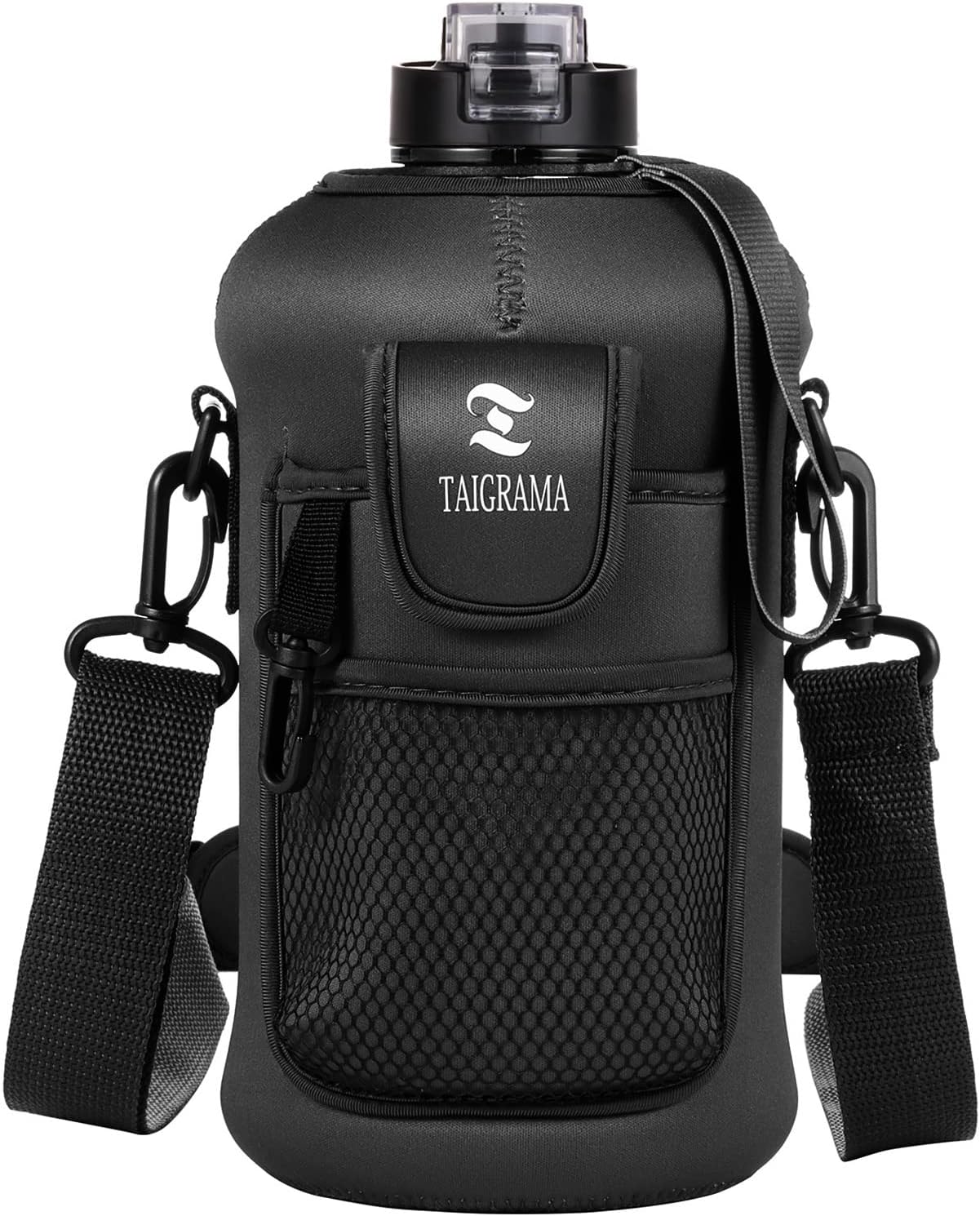 TAIGRAMA Half Gallon Water Bottle, Large Water Jug with Strap & Insulated Sleeve Phone Case (No Straw), BPA Free Reusable Workout Sports Water Bottle for Men & Women, 74OZ/ 2.2L (Magic Black)