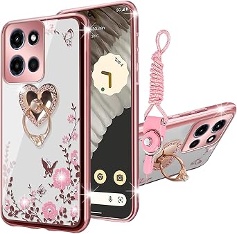for Motorola Moto G Stylus 5G 2026 2025 Case Glitter Soft TPU Luxury Crystal Butterfly Heart Floral Protective Cover with Kickstand+Strap for Women G Stylus 5G 2025/2026/ Edge 60 Stylus Rose Gold