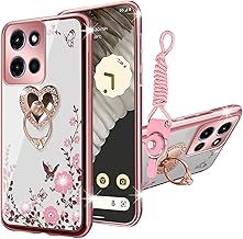 for Motorola Moto G Stylus 5G 2025 Case Glitter Soft TPU Luxury Crystal Butterfly Heart Floral Protective Cover with Ring Kickstand+Strap for Women G Stylus 5G 2025 (Rose Gold)