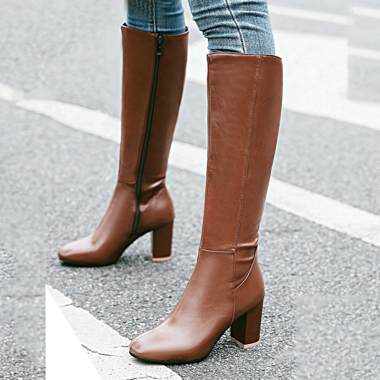 Botas de mujer con tacón Botas de cuero Botas altas por la rodilla con cremallera Botas de invierno con forro cálido Botas de invierno Botas altas para mujer Tacones altos Botas de caña larga