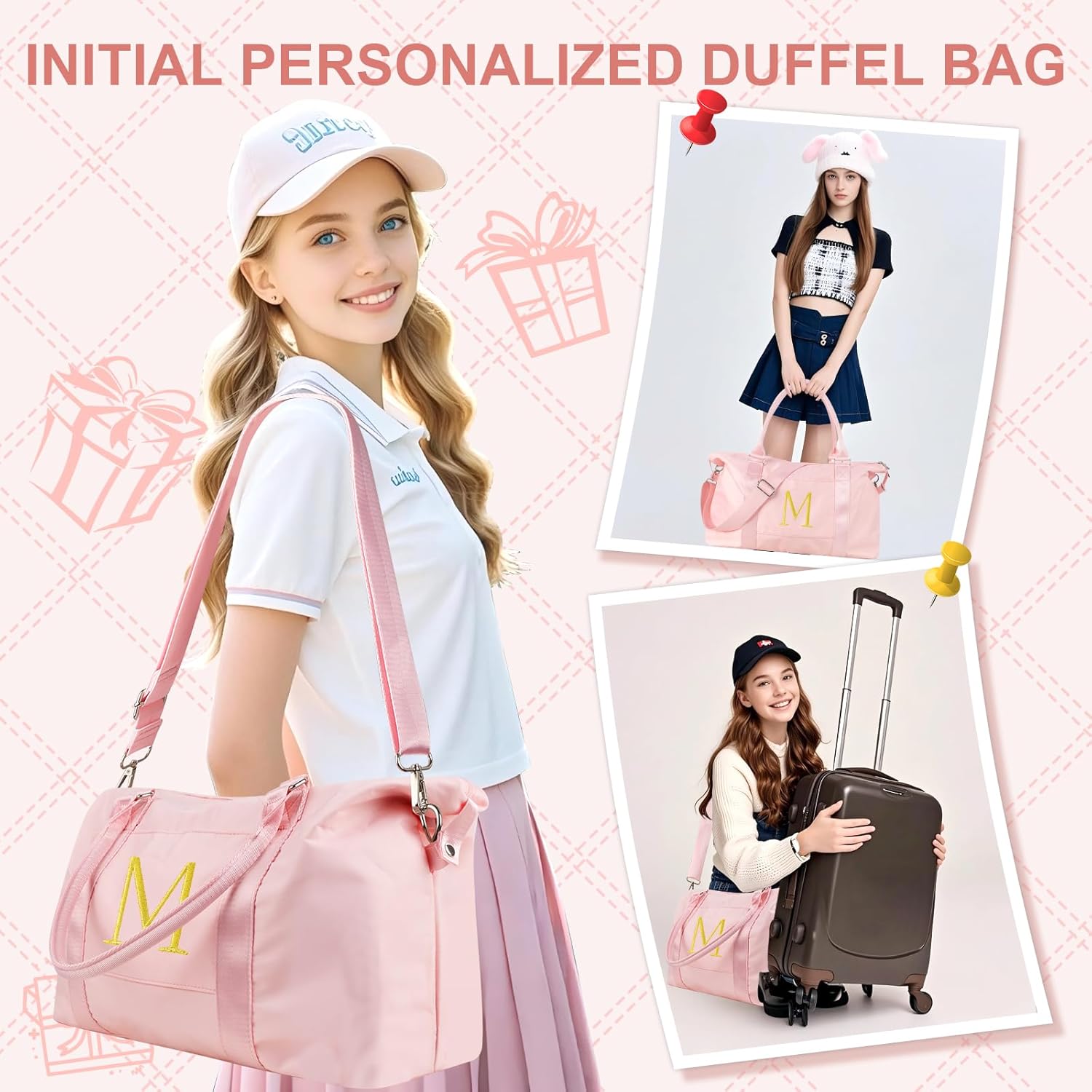 Personalized Initial Gym Dance Bag, Travel Duffel Bag for Teen Girls, Carry On Bag Overnight Weekender Bag with Trolley Sleeve, Birthday Gifts for Women Mom Daughter Graduation Gift(Letter M, Pink) - Image 7