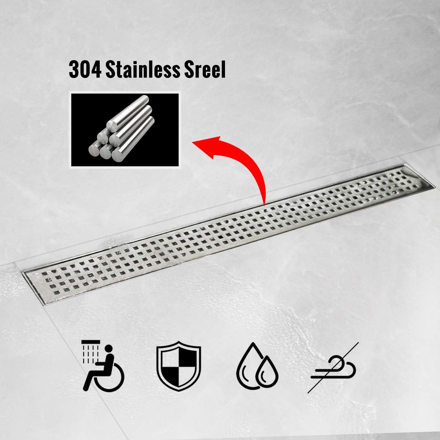 Flash Deals - 80% OFF SaniteModar Linear Shower Drain 36 inch, Square Hole Pattern Shower Drain, Brushed 304 Stainless Steel Linear Drain with Leveling feet & Hair Strainer One-Day Sale: Up to 80% Off SaniteModar Linear Shower Drain 36 inch, Square Hole Pattern Shower Drain, Brushed 304 Stainless Steel Linear Drain with Leveling feet & Hair Strainer