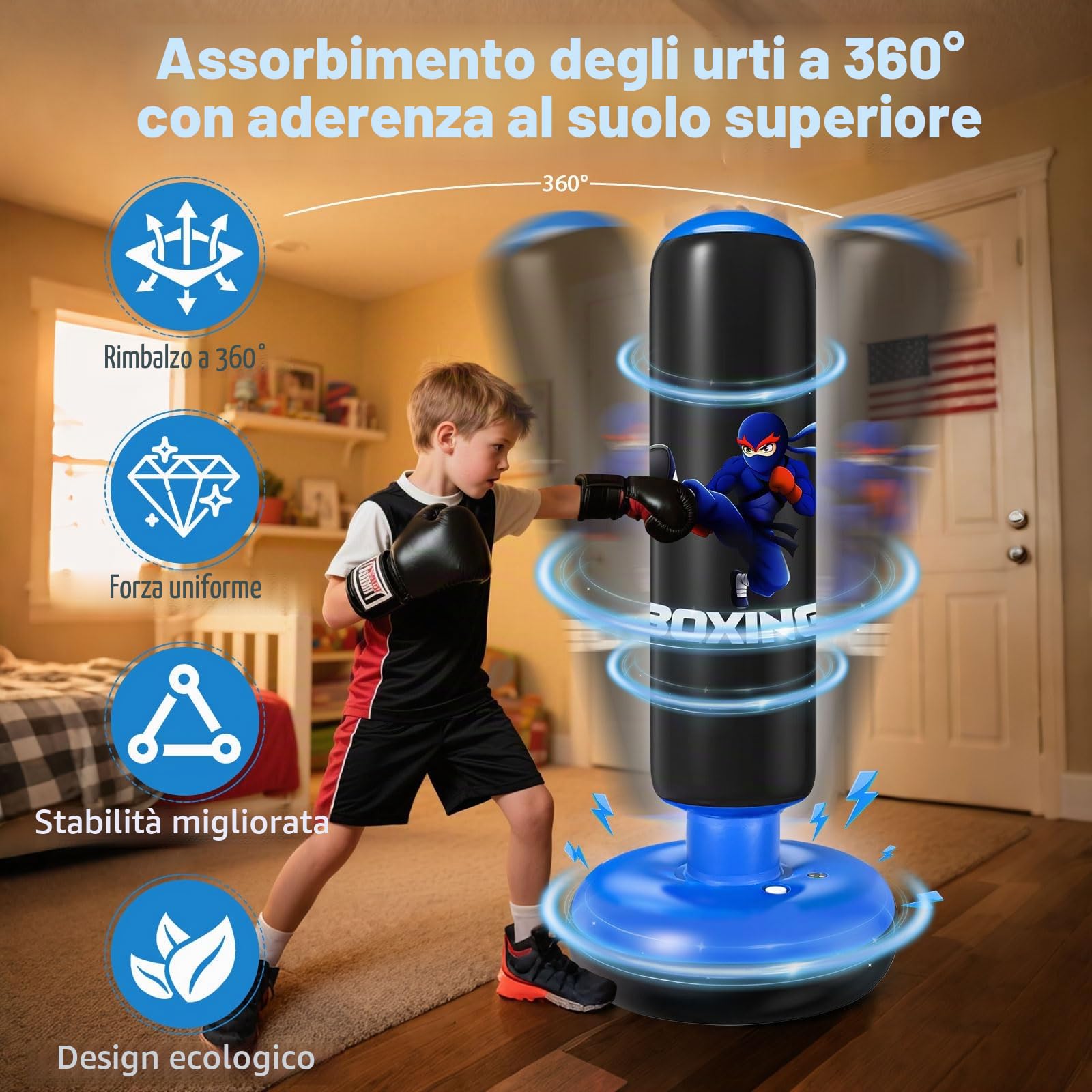 Qoosea Sacco da Boxe per Bambini, Stabile Pungiball Bambini Gonfiabile con Guantoni da Boxe, per Pratica di Taekwondo Karate MMA, Sacchi da Boxe Gonfiabile per 3-12 Ragazzi Ragazze