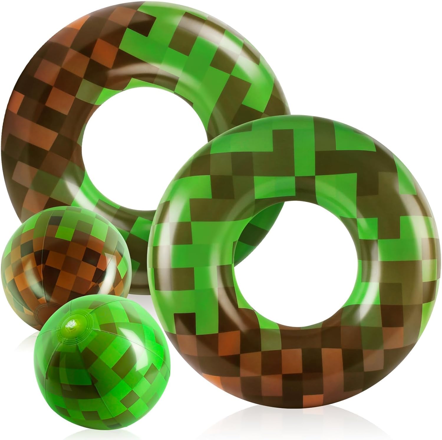 4 Pack Pool Floats for Kids - 2 Pcs Inflatable Green Pixel Swim Tubes Rings & 2 Pcs Pixel Beach Balls,Summer Pool Floaties Set for Hawaiian Beach, Water Park Fun, Swim Tubes for Summer Party