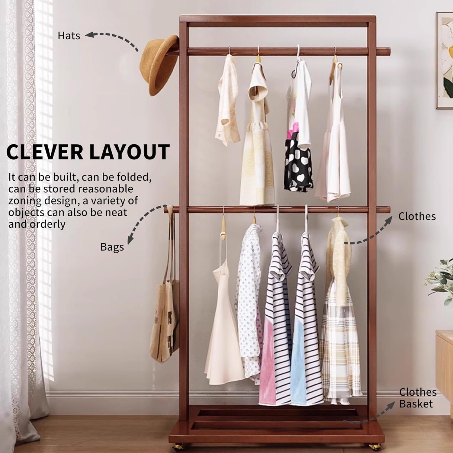 Solid Wood Clothes Rack with Wheels, Removable Double Rod Garment Rack with Bottom Shelf, Freestanding Clothing Organizer, Portable Wardrobe Rack for Bedroom Entryway Living Room (Walnut color)