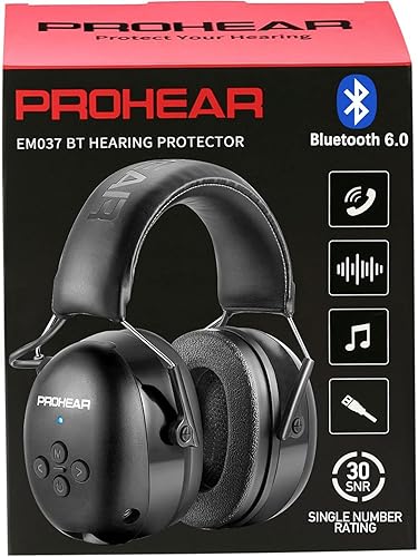 PROHEAR Auriculares de protección auditiva Bluetooth 5.0 037 con batería recargable de 1100 mAh, 25 dB NRR de reducción de ruido con tiempo de negro
