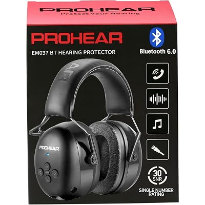 PROHEAR 037 Bluetooth 6.0 Hearing Protection Headphones with Rechargeable 1500mAh Battery, 30dB SNR Safety Noise Reduction Ear Muffs 120H Playtime for Mowing, Workshops, Snowblowing - Black