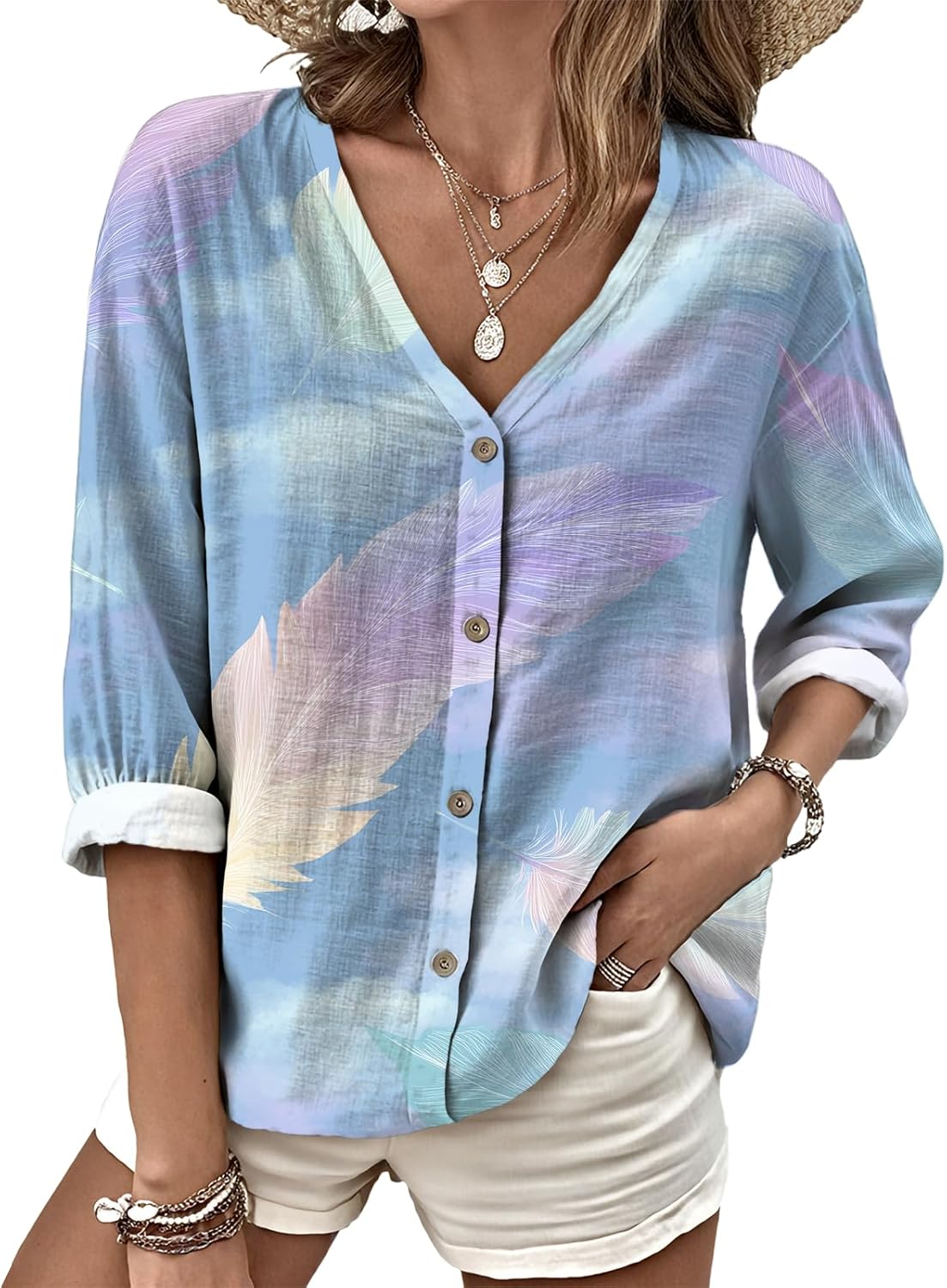 Button Down Shirt Women V Neck Graphic T Shirt Elegant Soft and Comfy Long Sleeve T...