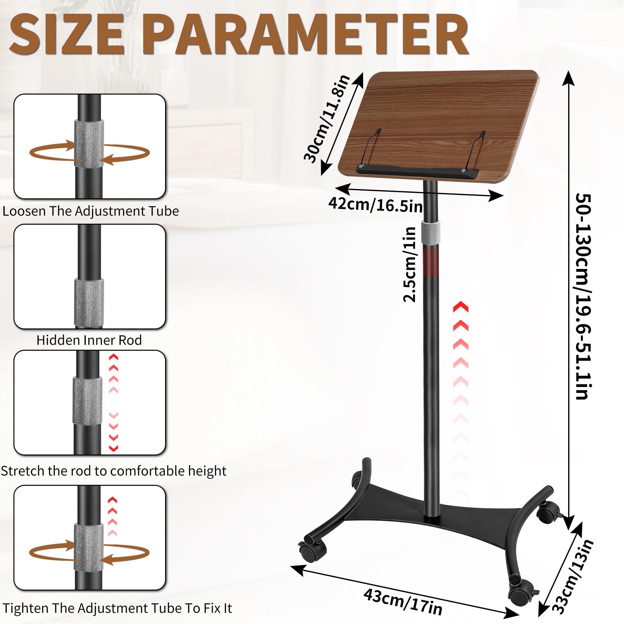 Supporto da lettura regolabile in altezza da 50 a 130 cm, supporto per laptop pieghevole a mani libere con ruote, lettura di libri in legno con graffette, scrivania portatile per tablet, libri, laptop